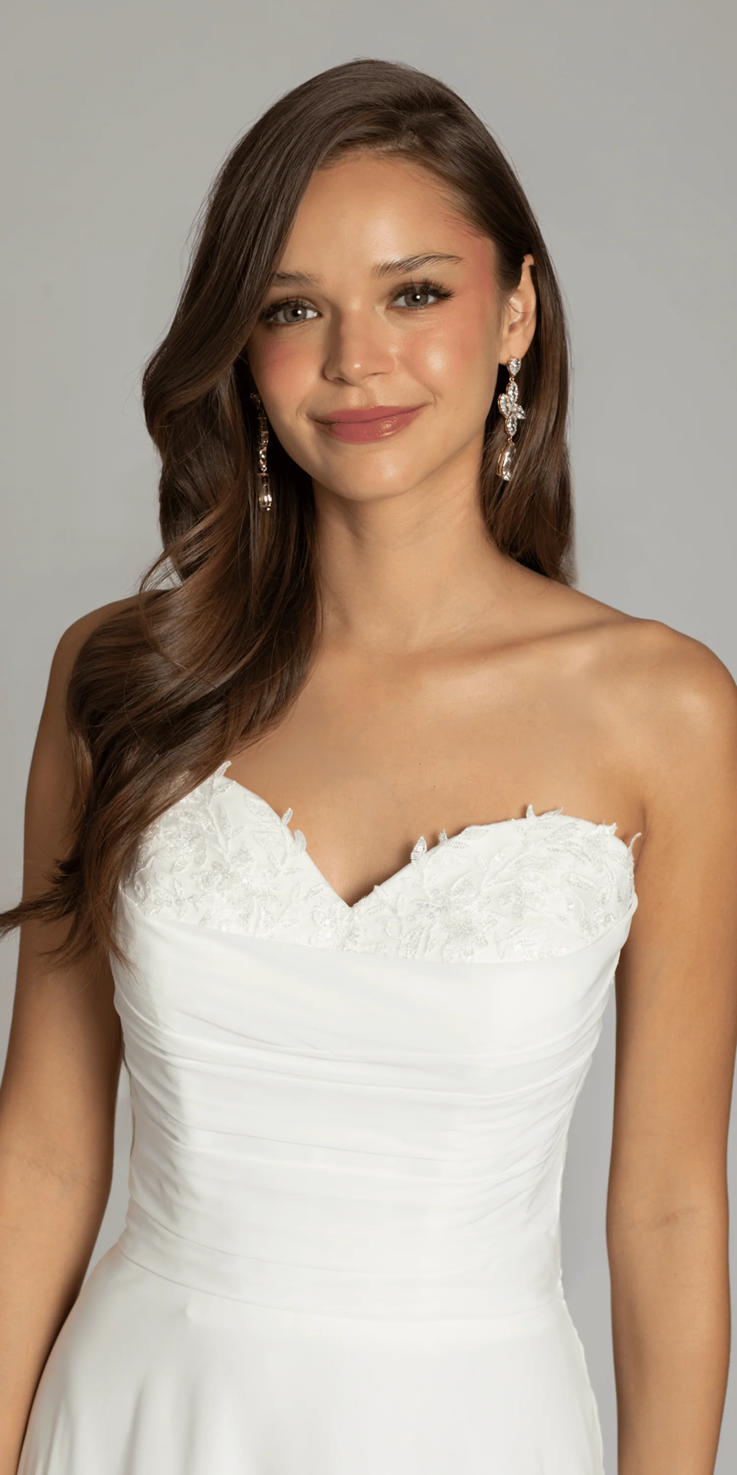 Strapless Chiffon Drape A Line Dress with Applique Hem - Image 2