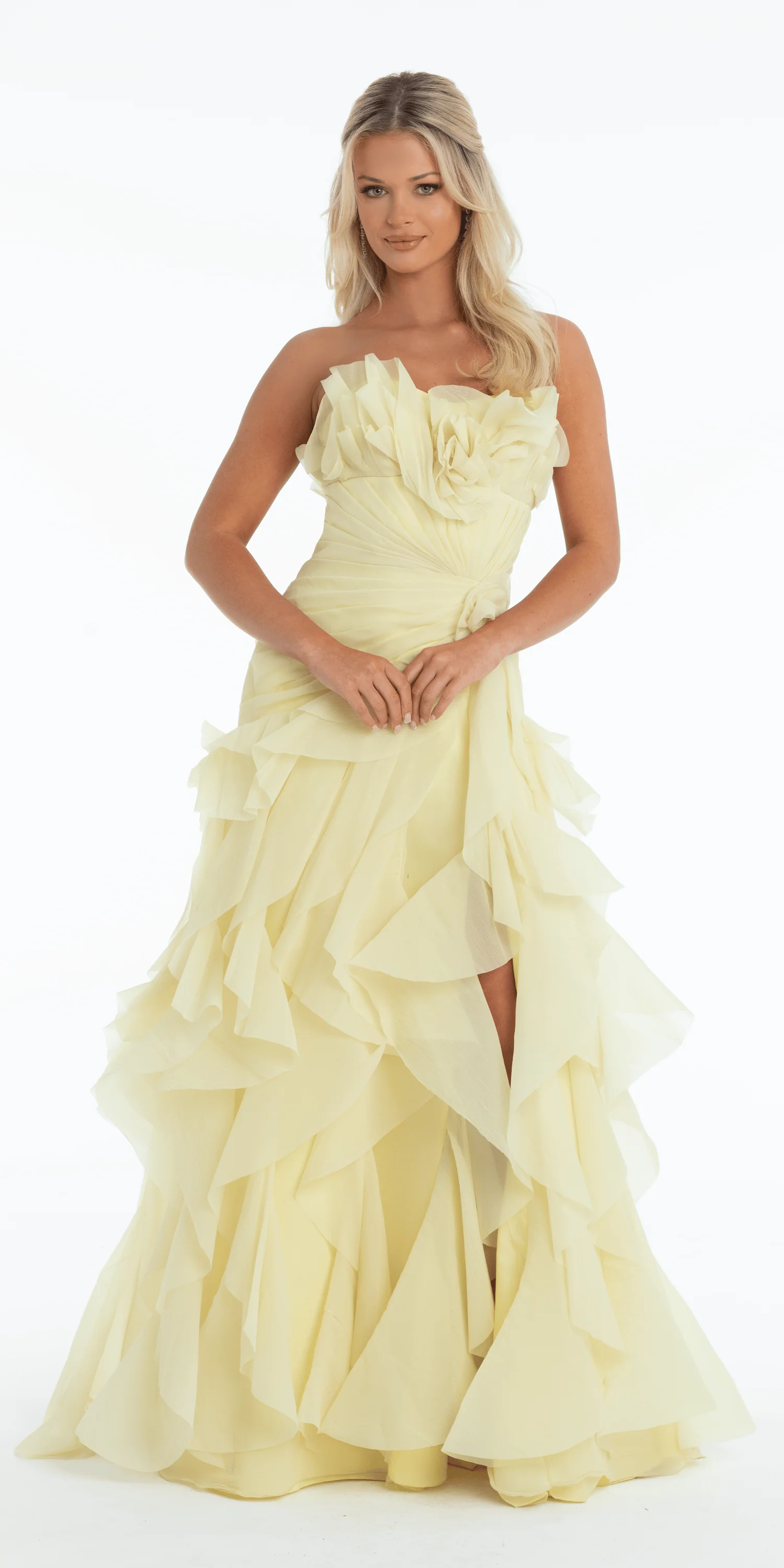 Strapless Crinkle Chiffon Pleated A Line Dress with Tendrils - Image 4