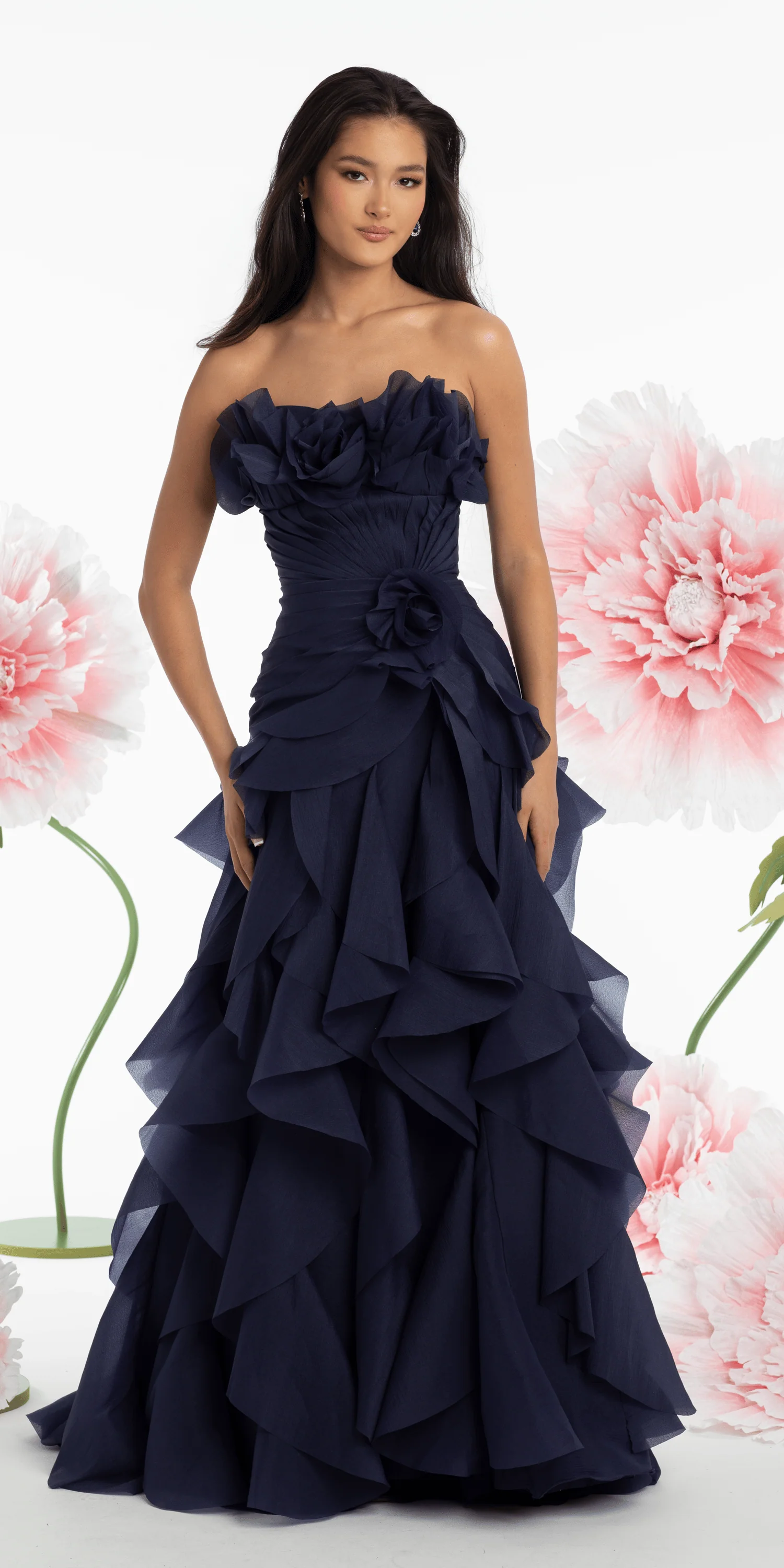 Strapless Crinkle Chiffon Pleated A Line Dress with Tendrils - Image 6