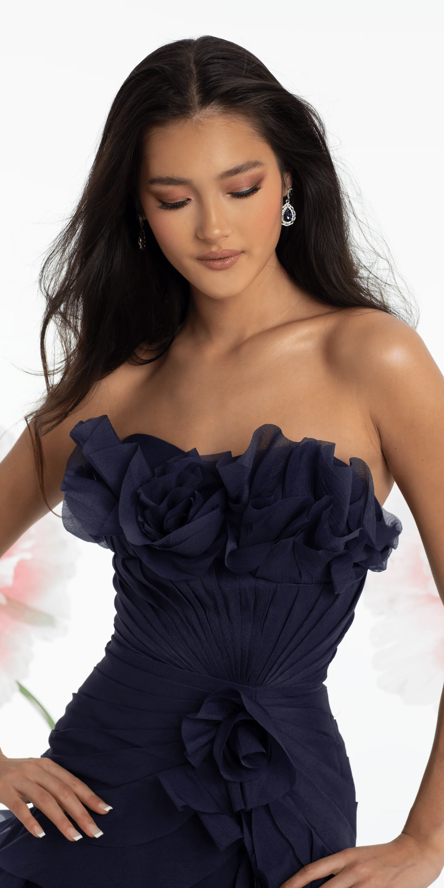 Strapless Crinkle Chiffon Pleated A Line Dress with Tendrils - Image 7