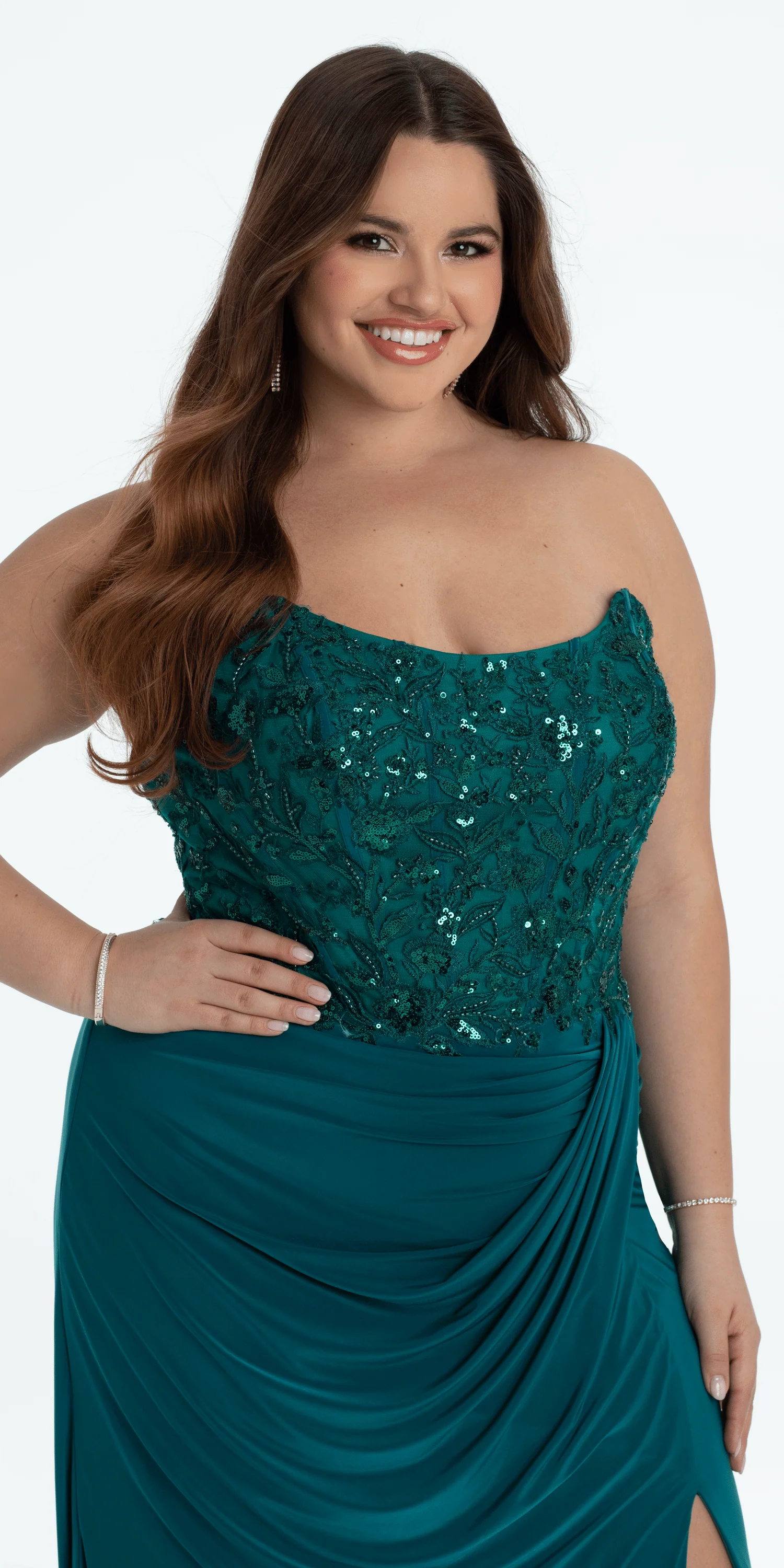 Strapless Embellished Drape Corset Jersey Column Dress - Image 2