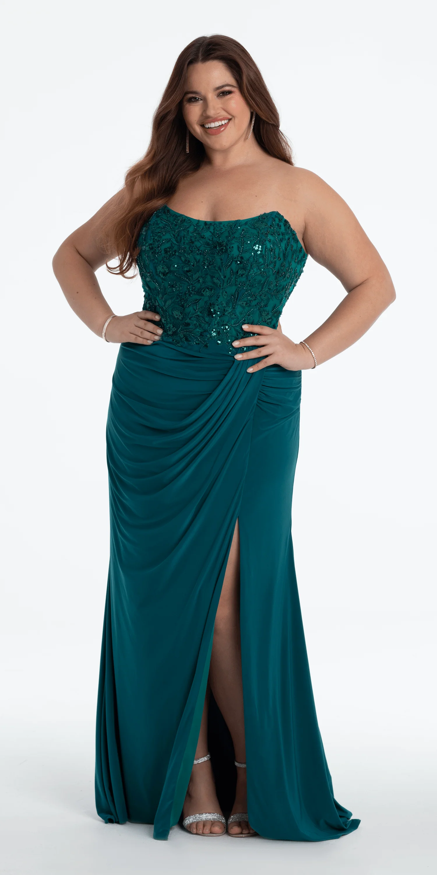 Strapless Embellished Drape Corset Jersey Column Dress - Image 3