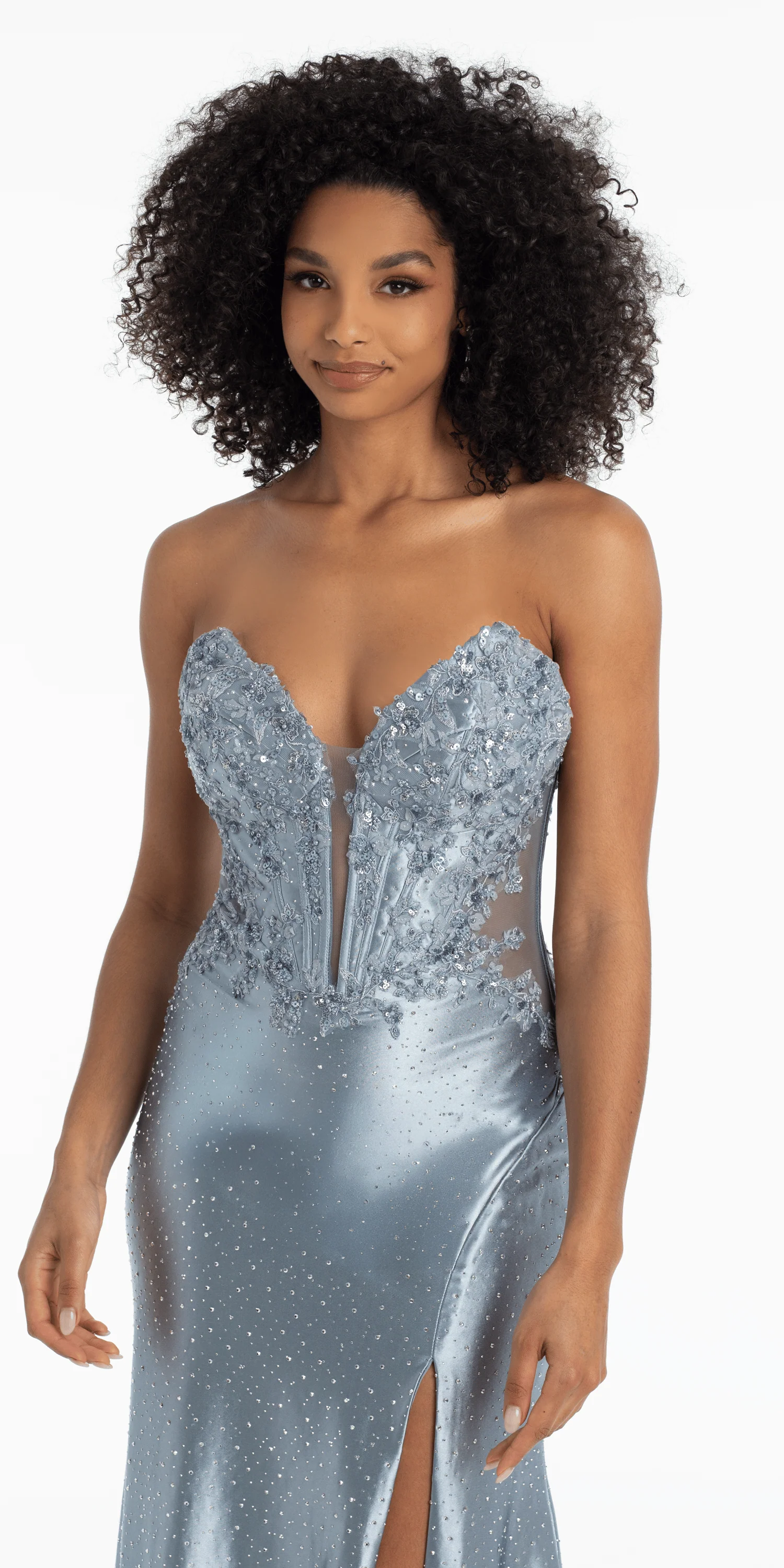 Strapless Embroidered Plunge Corset Trumpet Dress with Heat Set Stones - Image 4