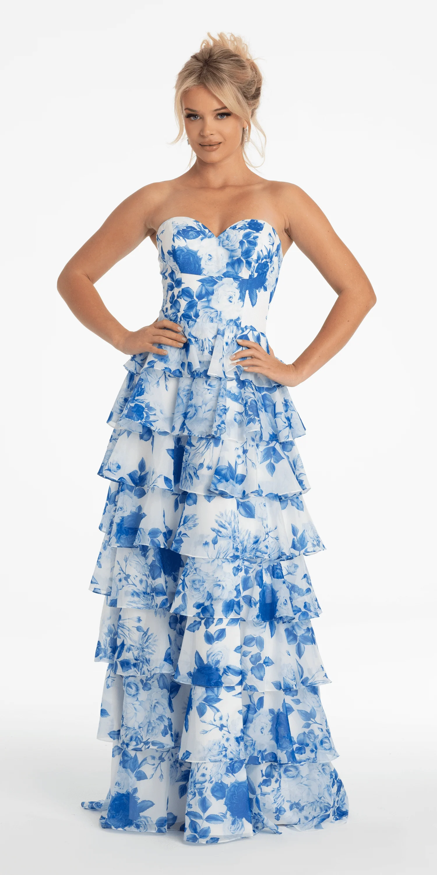 Strapless Floral Chiffon Tiered Ballgown with Side Slit - Image 3