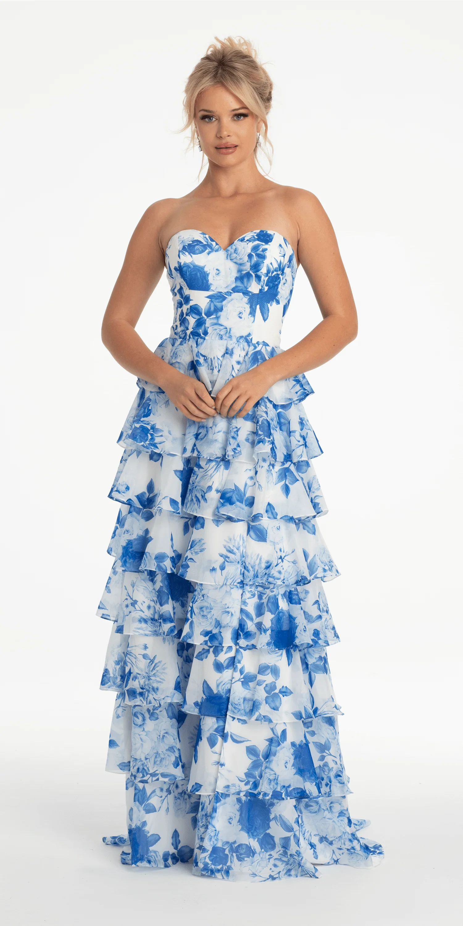 Strapless Floral Chiffon Tiered Ballgown with Side Slit - Image 6