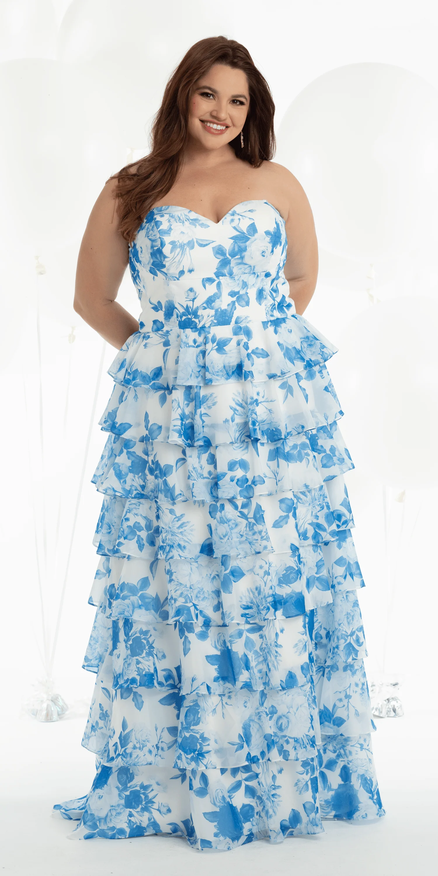 Strapless Floral Chiffon Tiered Ballgown with Side Slit - Image 8