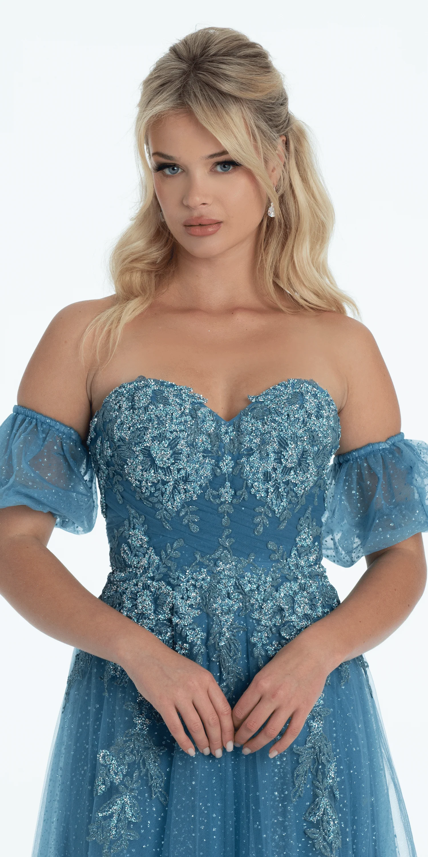 Strapless Glitter Embroidered Sweetheart Puff Sleeve Ballgown - Image 3