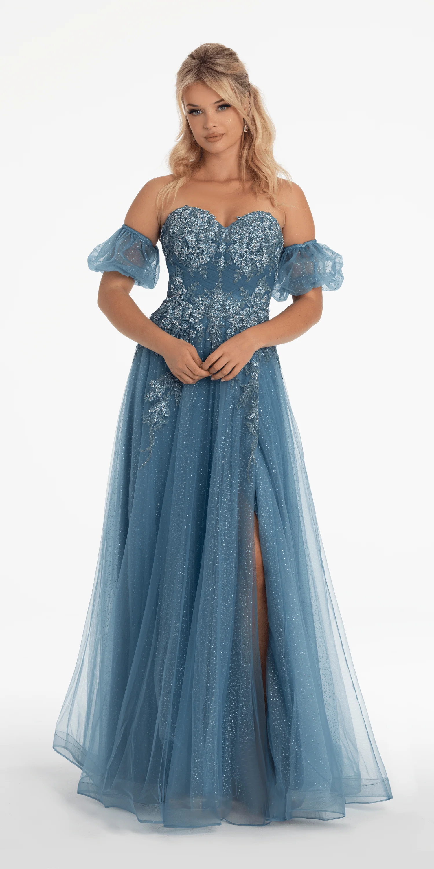 Strapless Glitter Embroidered Sweetheart Puff Sleeve Ballgown - Image 4