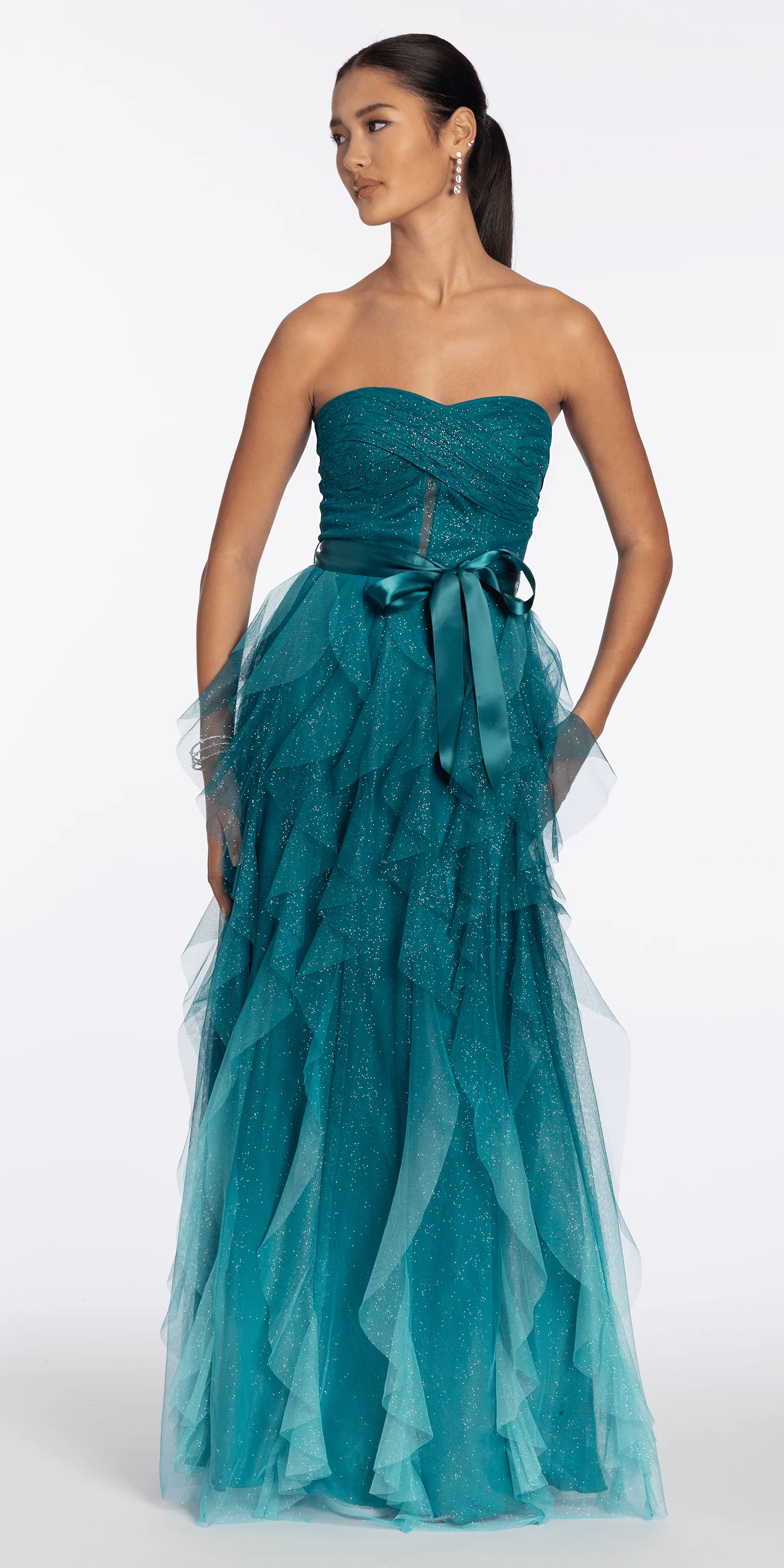 Strapless Glitter Mesh Ombre A Line Dress with Tendrils - Image 5