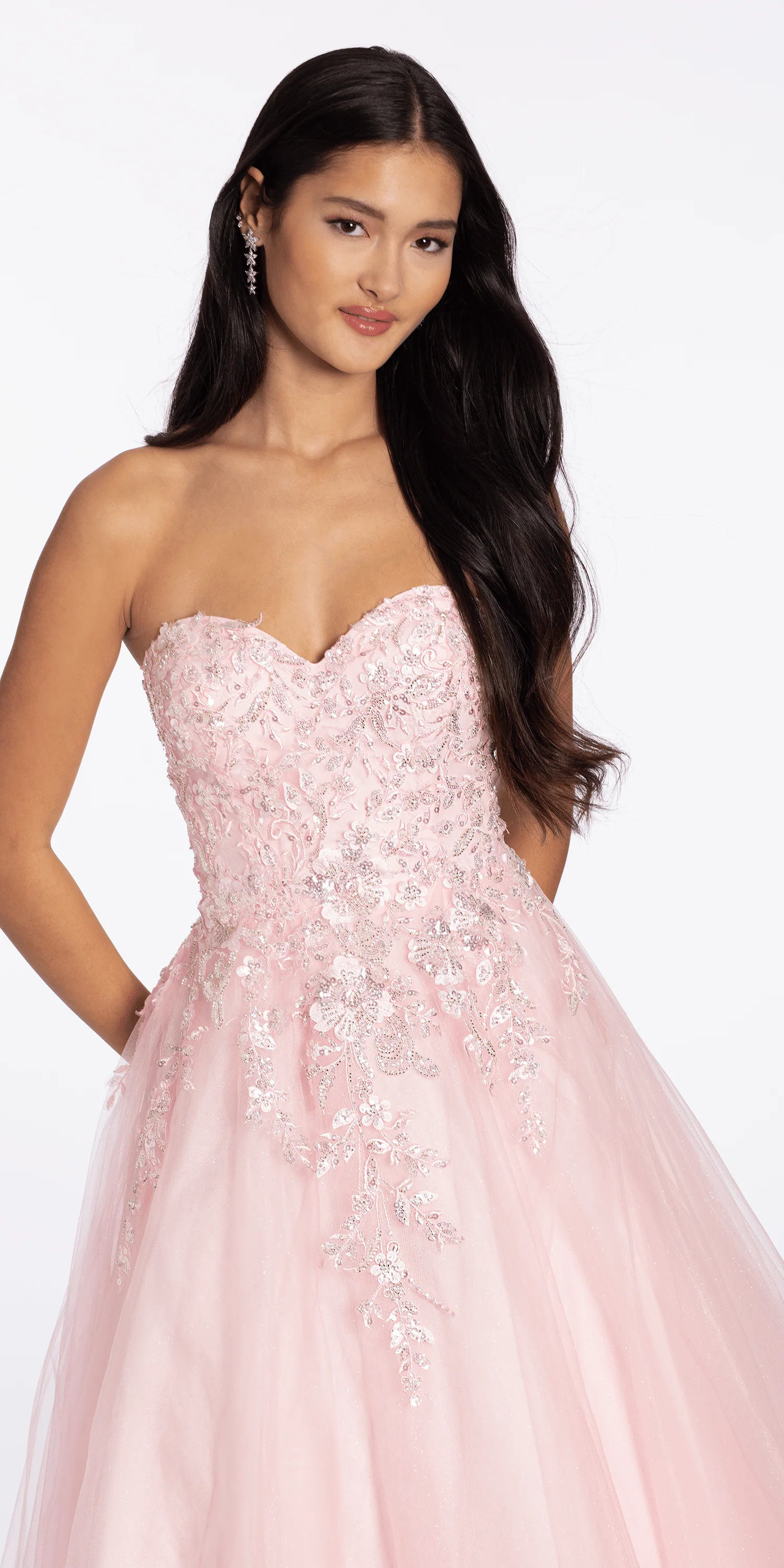 Strapless Glitter Tulle Ballgown with 3D Detail - Image 4