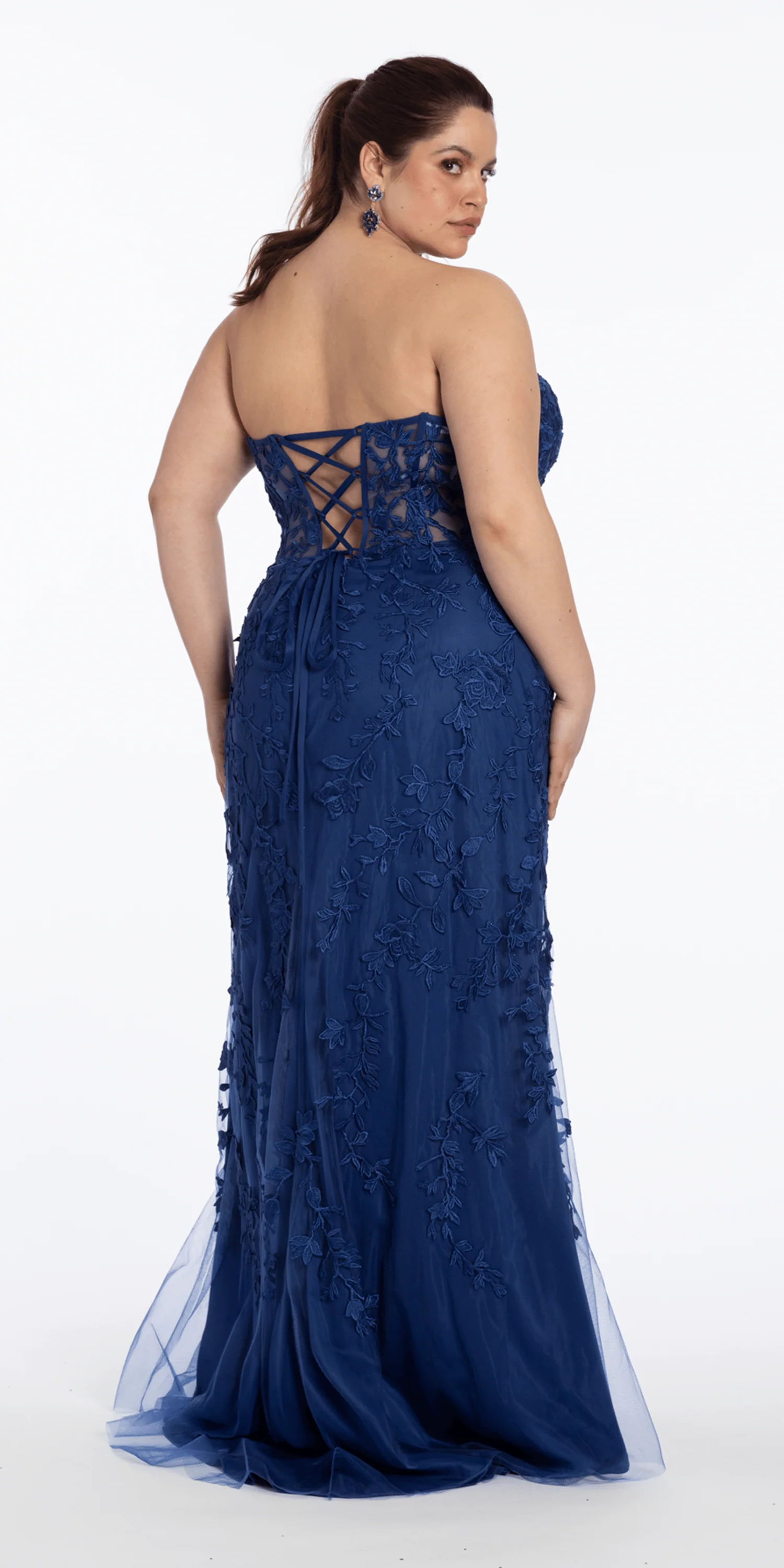 Strapless Mesh Embroidered Lace Up Back Column Dress - Image 11