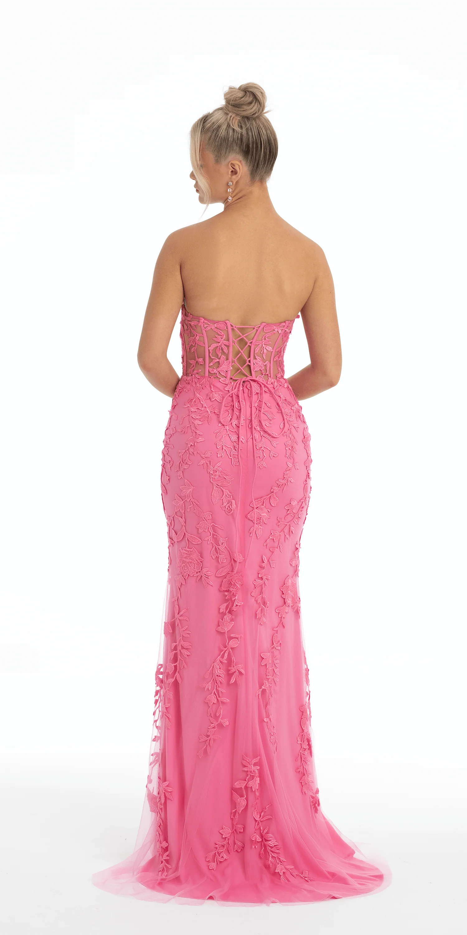 Strapless Mesh Embroidered Lace Up Back Column Dress - Image 2