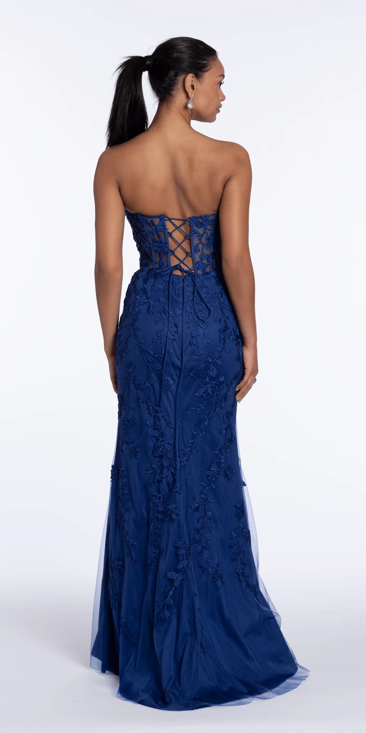 Strapless Mesh Embroidered Lace Up Back Column Dress - Image 5