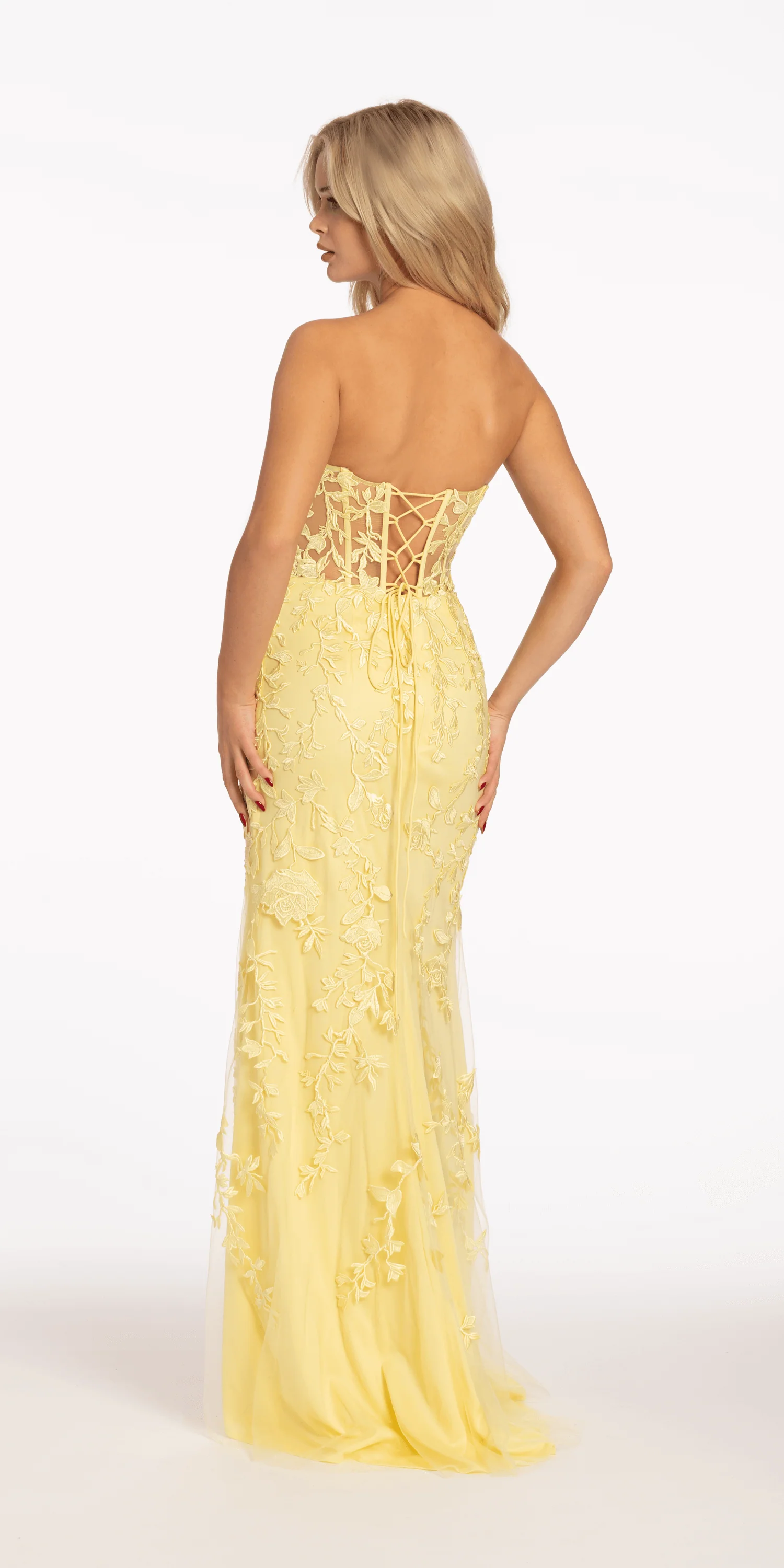 Strapless Mesh Embroidered Lace Up Back Column Dress - Image 7