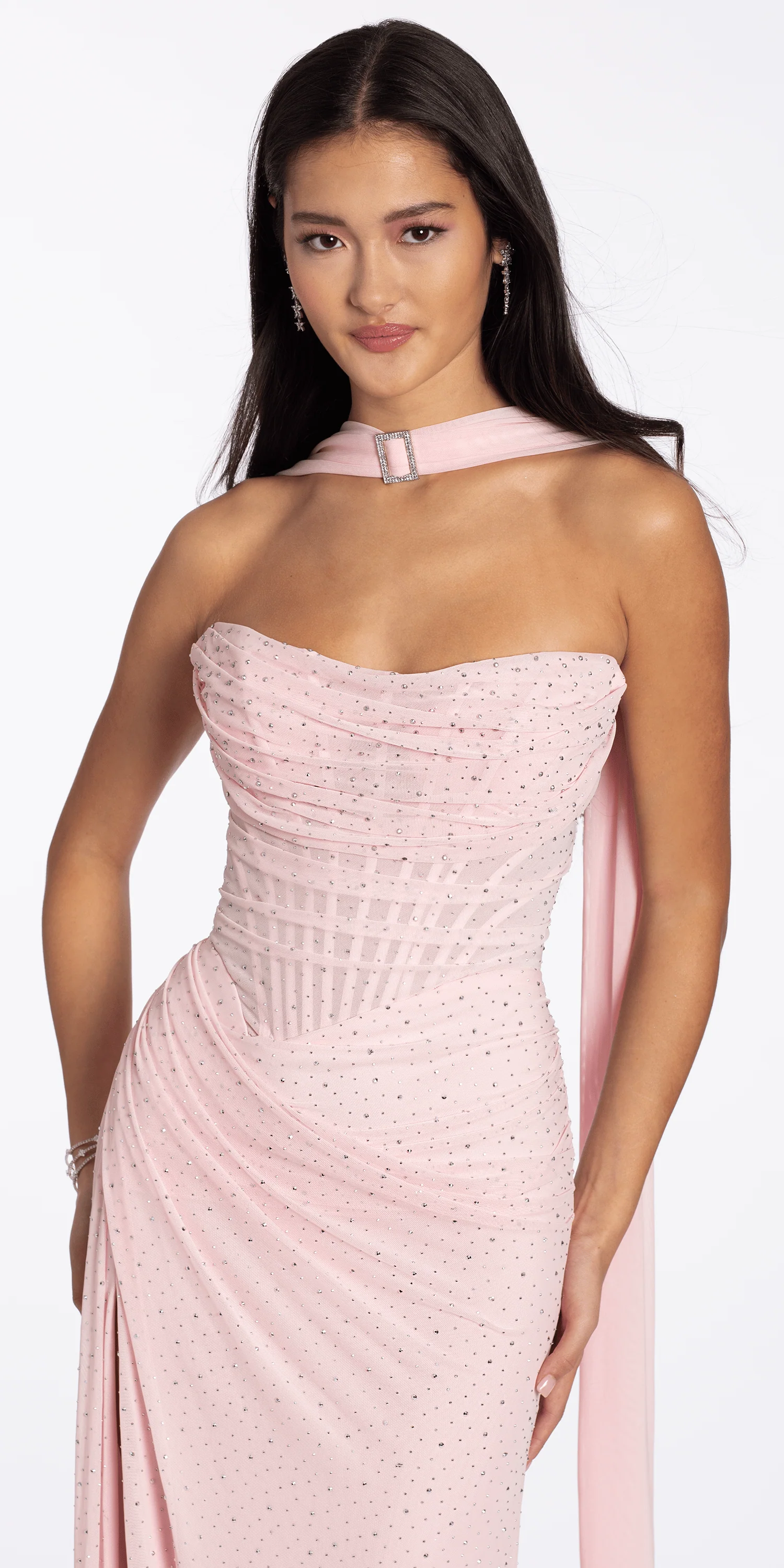 Strapless Pleated Mesh Stone Corset Column Dress with Scarf - Image 2