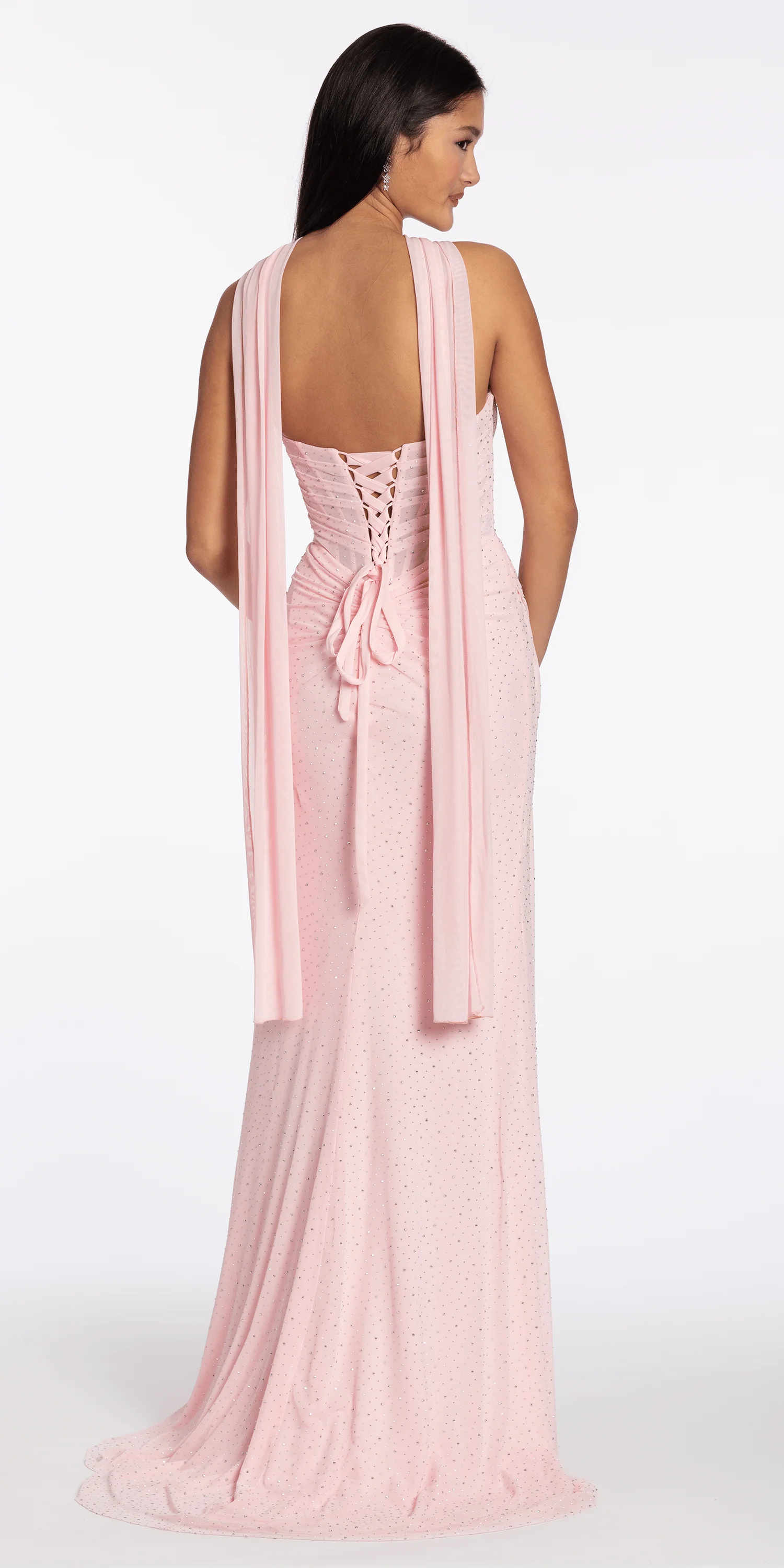 Strapless Pleated Mesh Stone Corset Column Dress with Scarf - Image 4