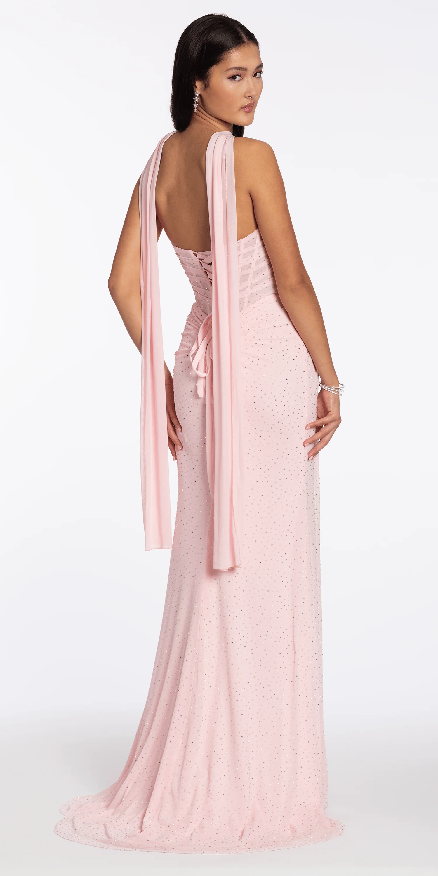 Strapless Pleated Mesh Stone Corset Column Dress with Scarf - Image 5