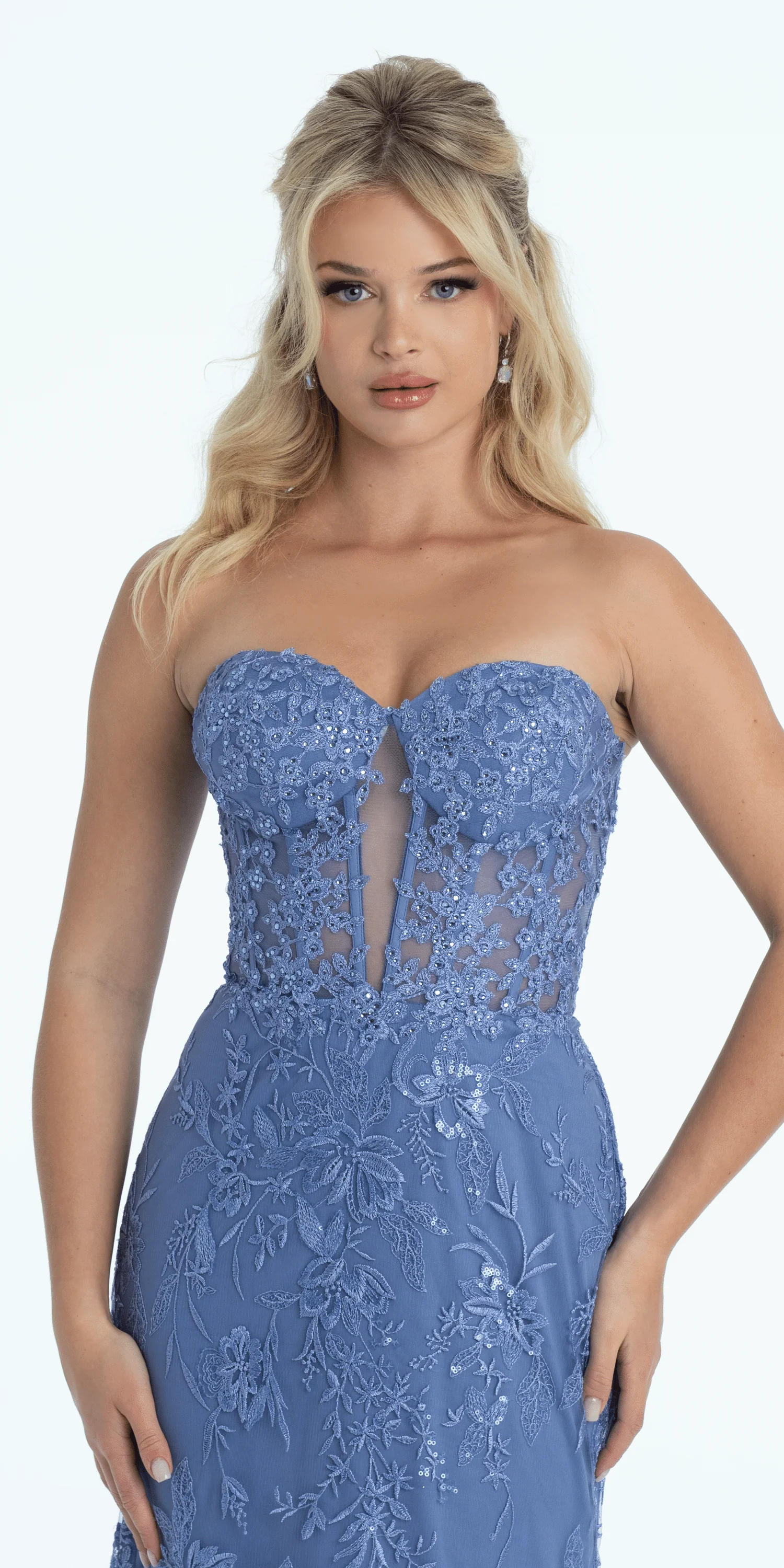 Strapless Plunge Embroidered Tulle Mermaid Dress - Image 2