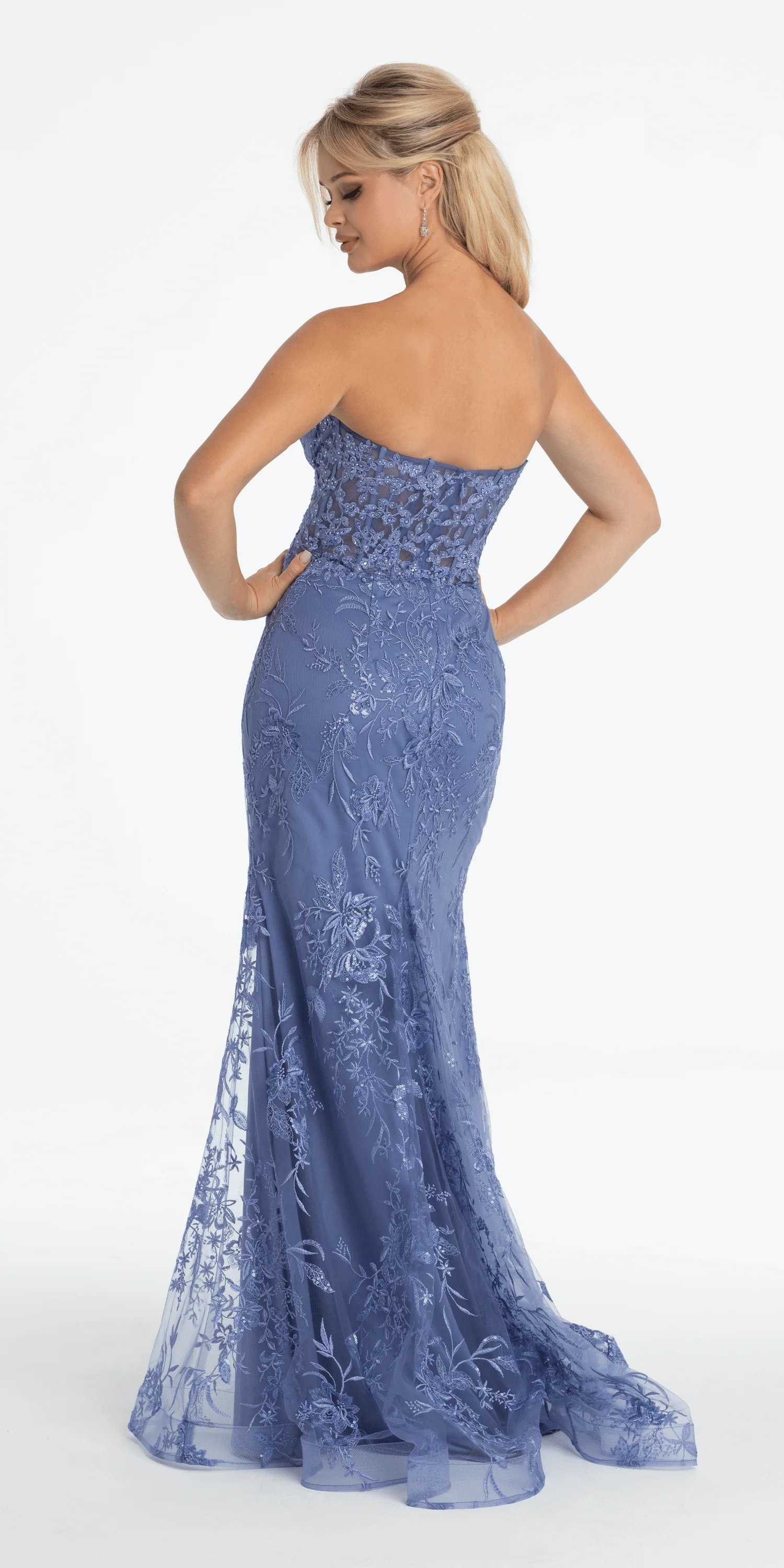 Strapless Plunge Embroidered Tulle Mermaid Dress - Image 4