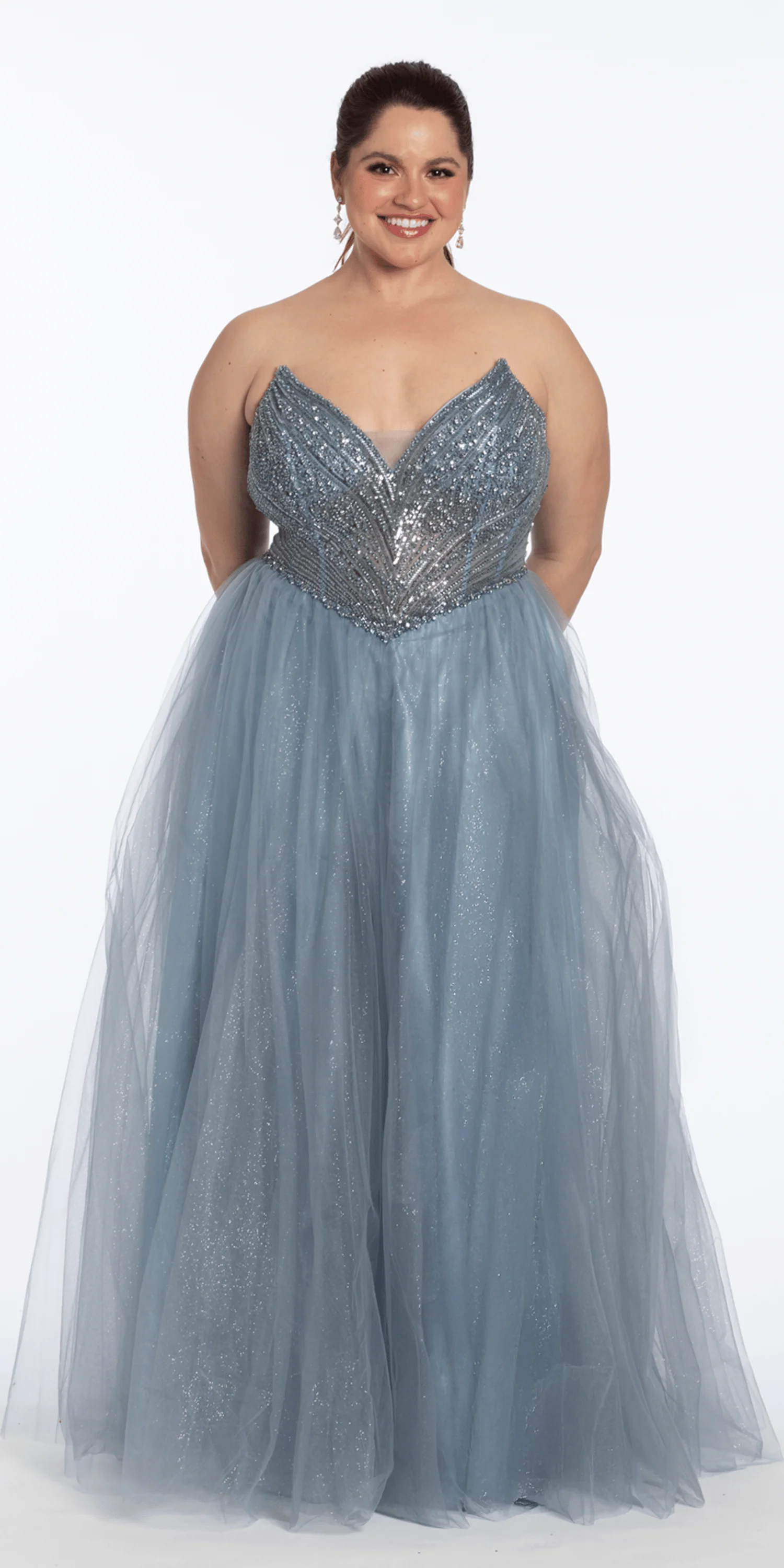 Strapless Pointed Beaded Corset Glitter Tulle Ballgown - Image 3