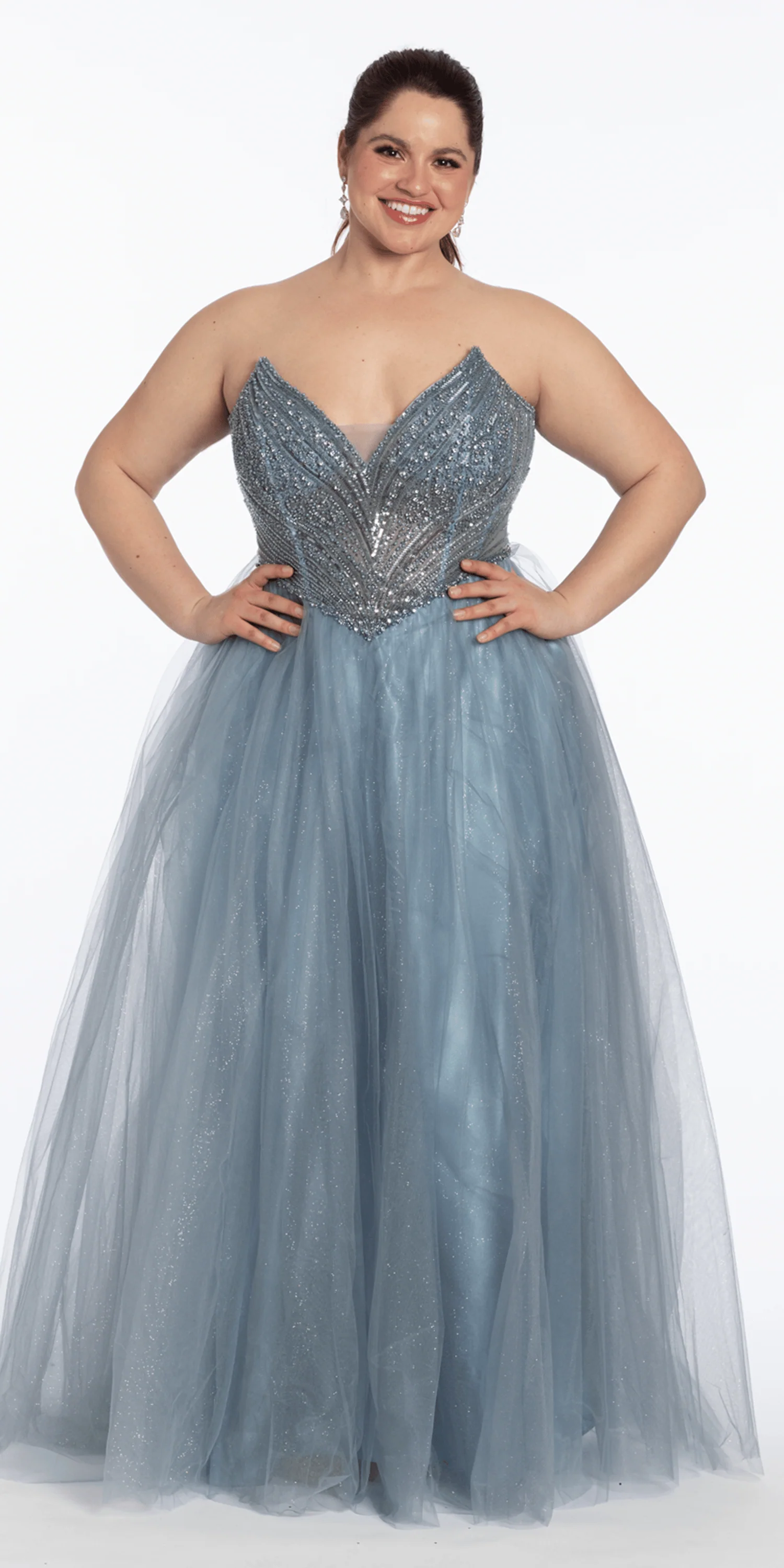 Strapless Pointed Beaded Corset Glitter Tulle Ballgown - Image 4