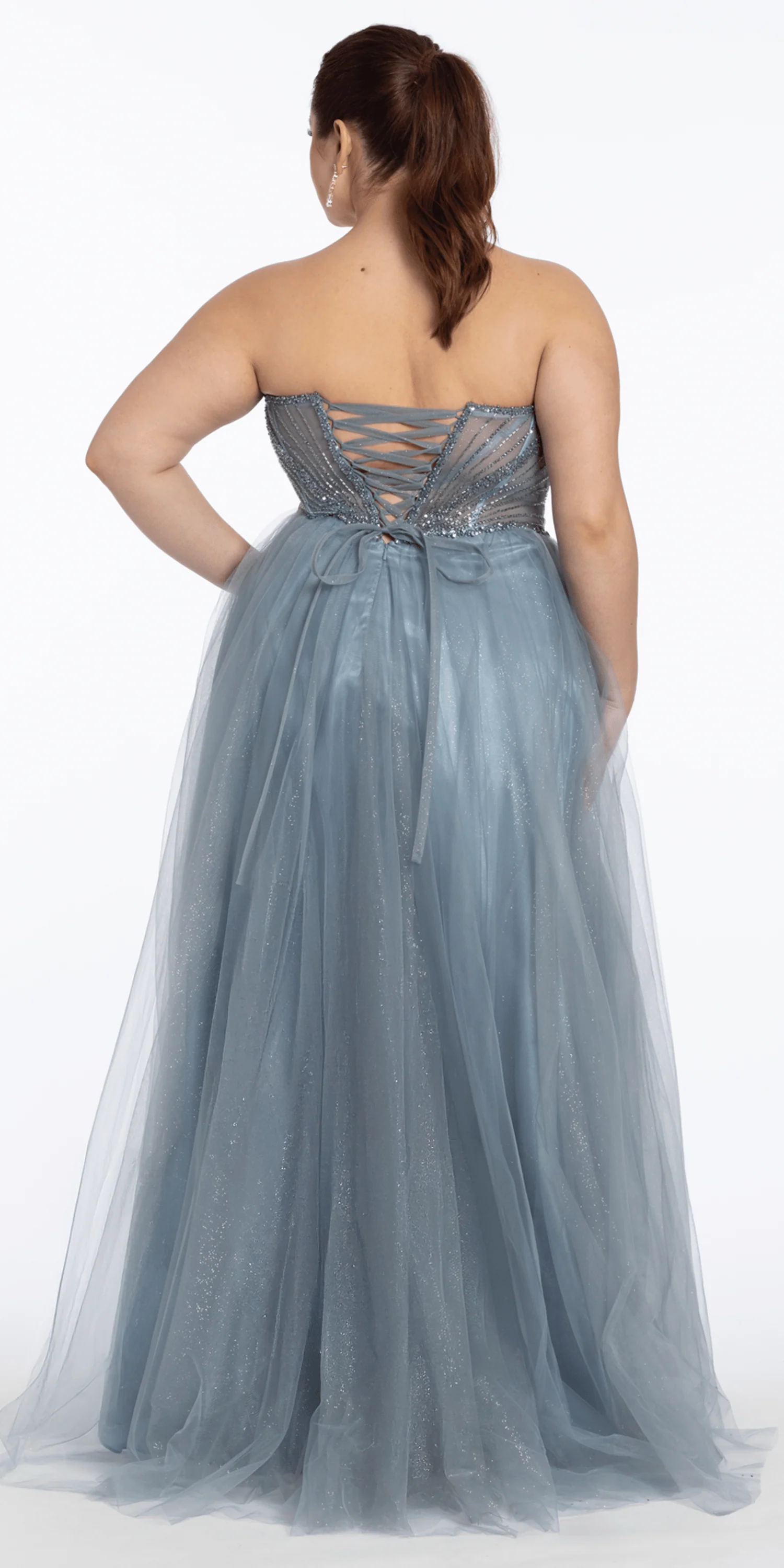 Strapless Pointed Beaded Corset Glitter Tulle Ballgown - Image 5