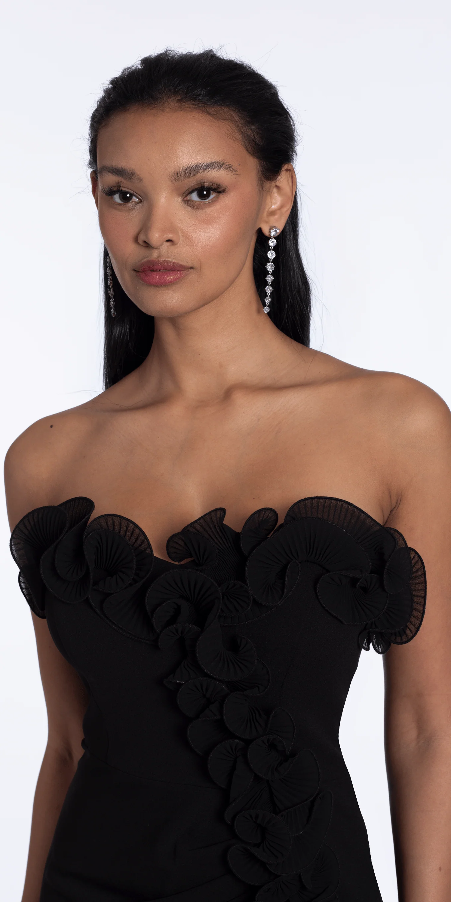 Strapless Ruffle Crepe Column Dress with Side Ruffle - Image 2