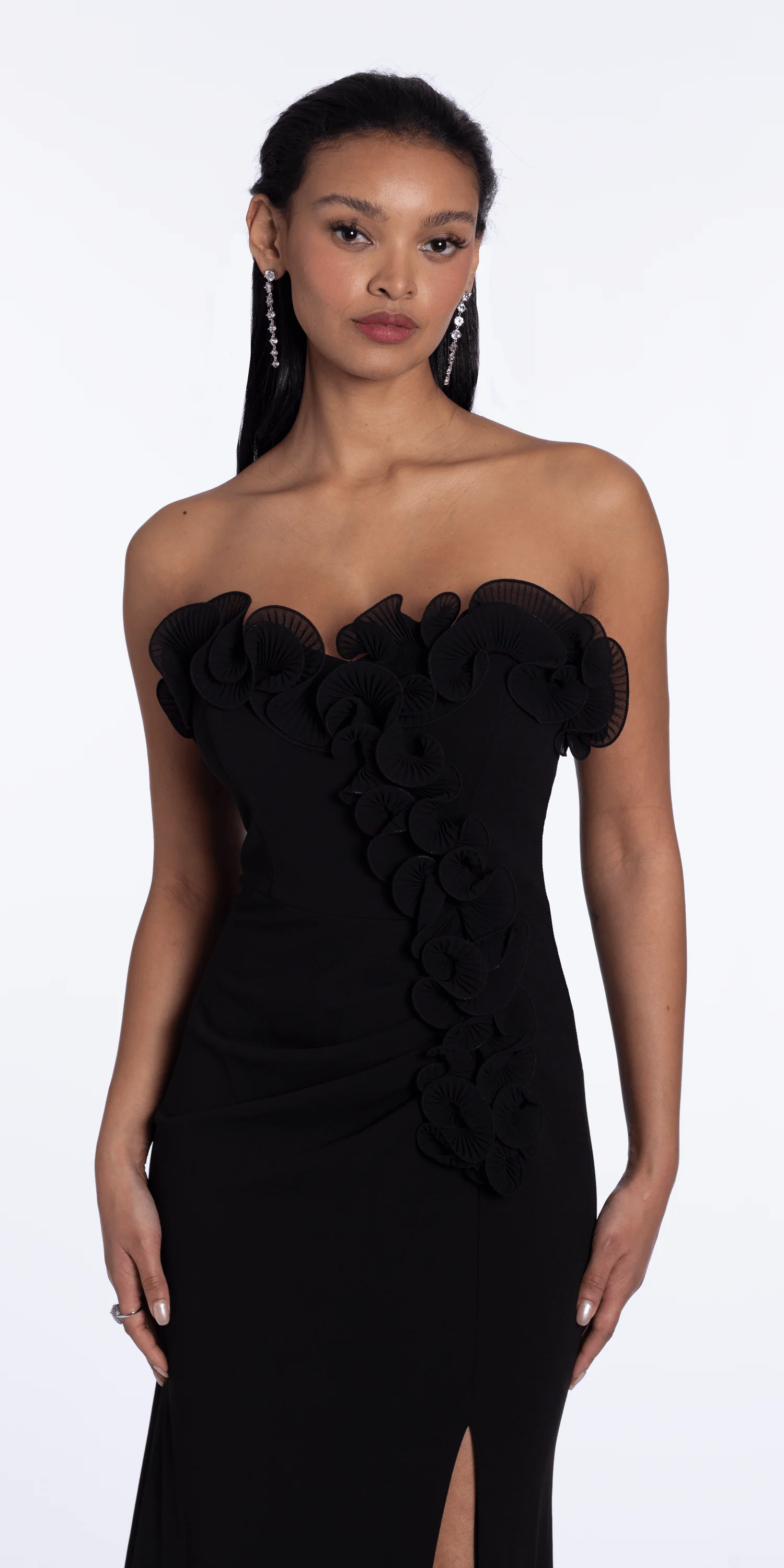Strapless Ruffle Crepe Column Dress with Side Ruffle - Image 3