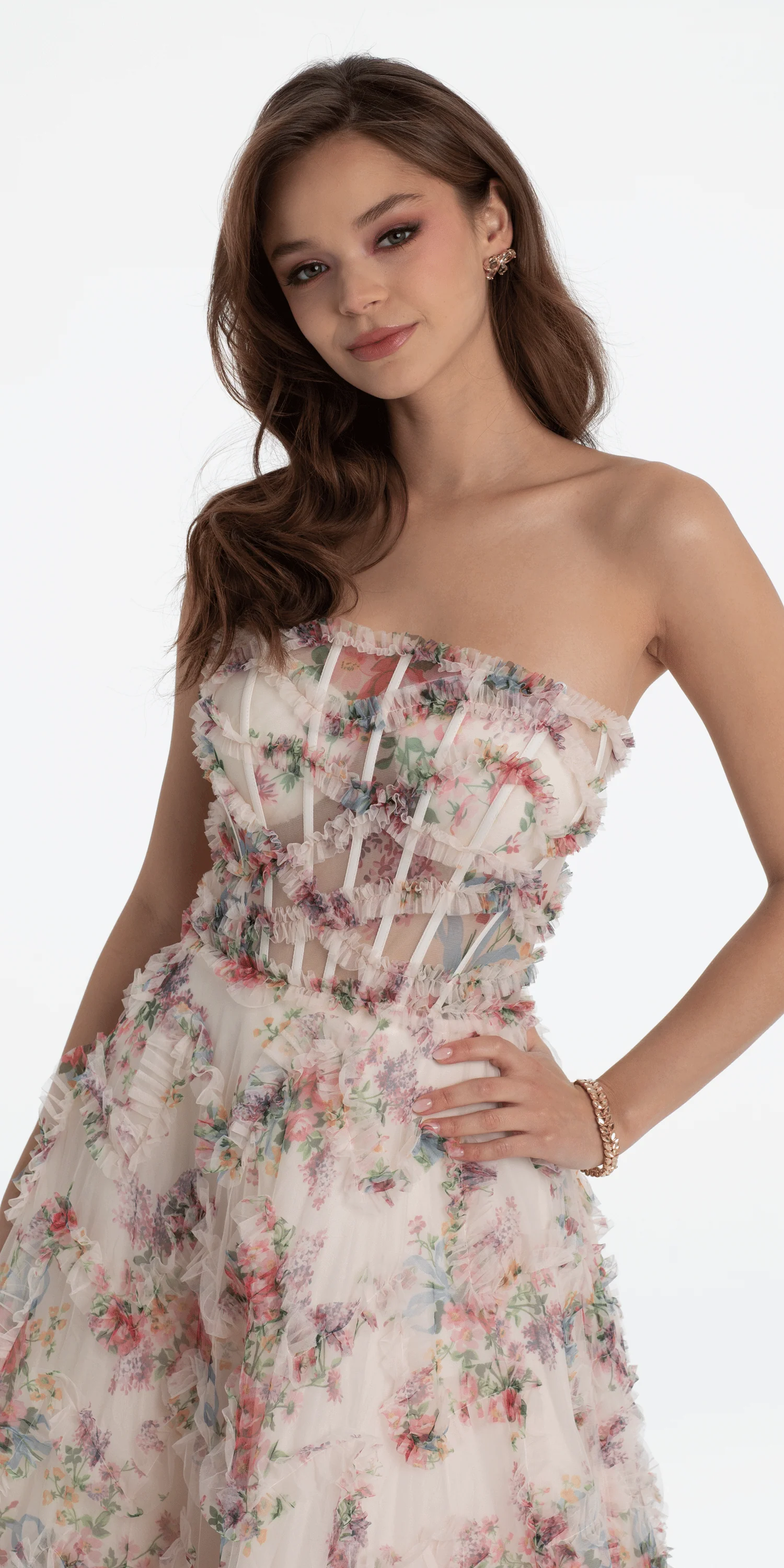 Strapless Ruffle Floral Print Ballgown - Image 2