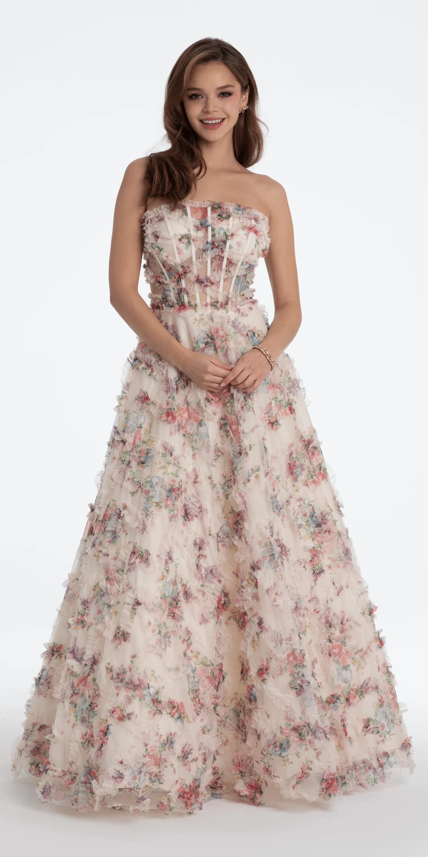 Strapless Ruffle Floral Print Ballgown - Image 4