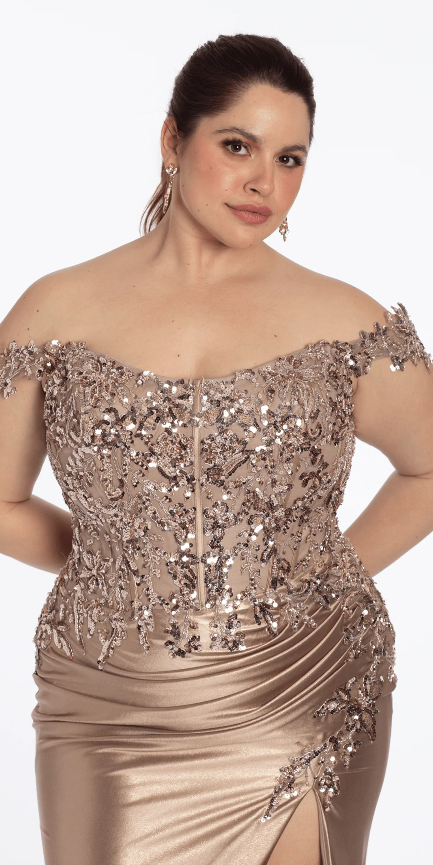 Off the Shoulder Sequin Satin Column Dress with Exaggerated Side Slit - Image 2