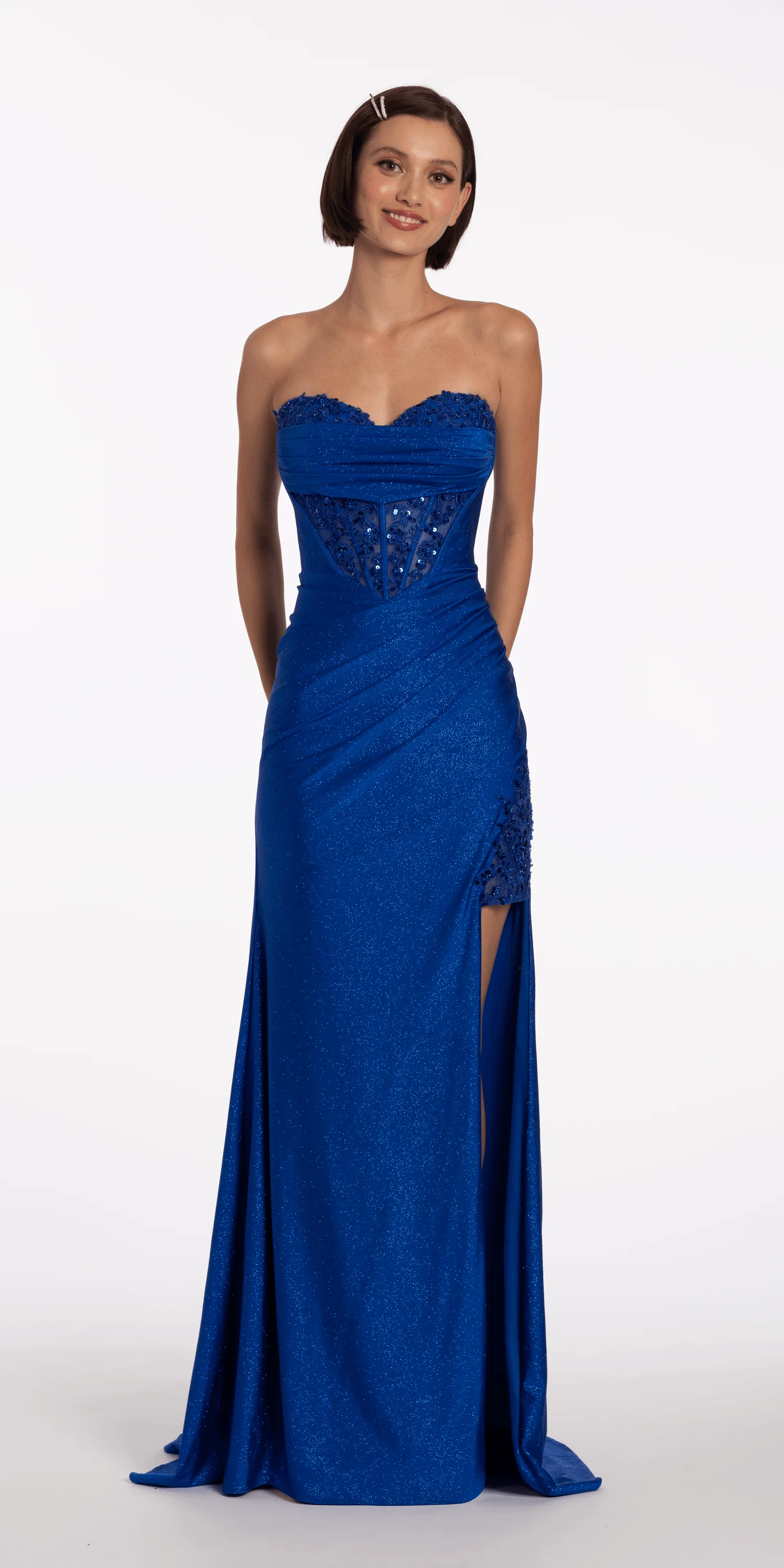 Strapless Sweetheart Glitter Corset Column Dress with Exaggerated Slit - Image 4