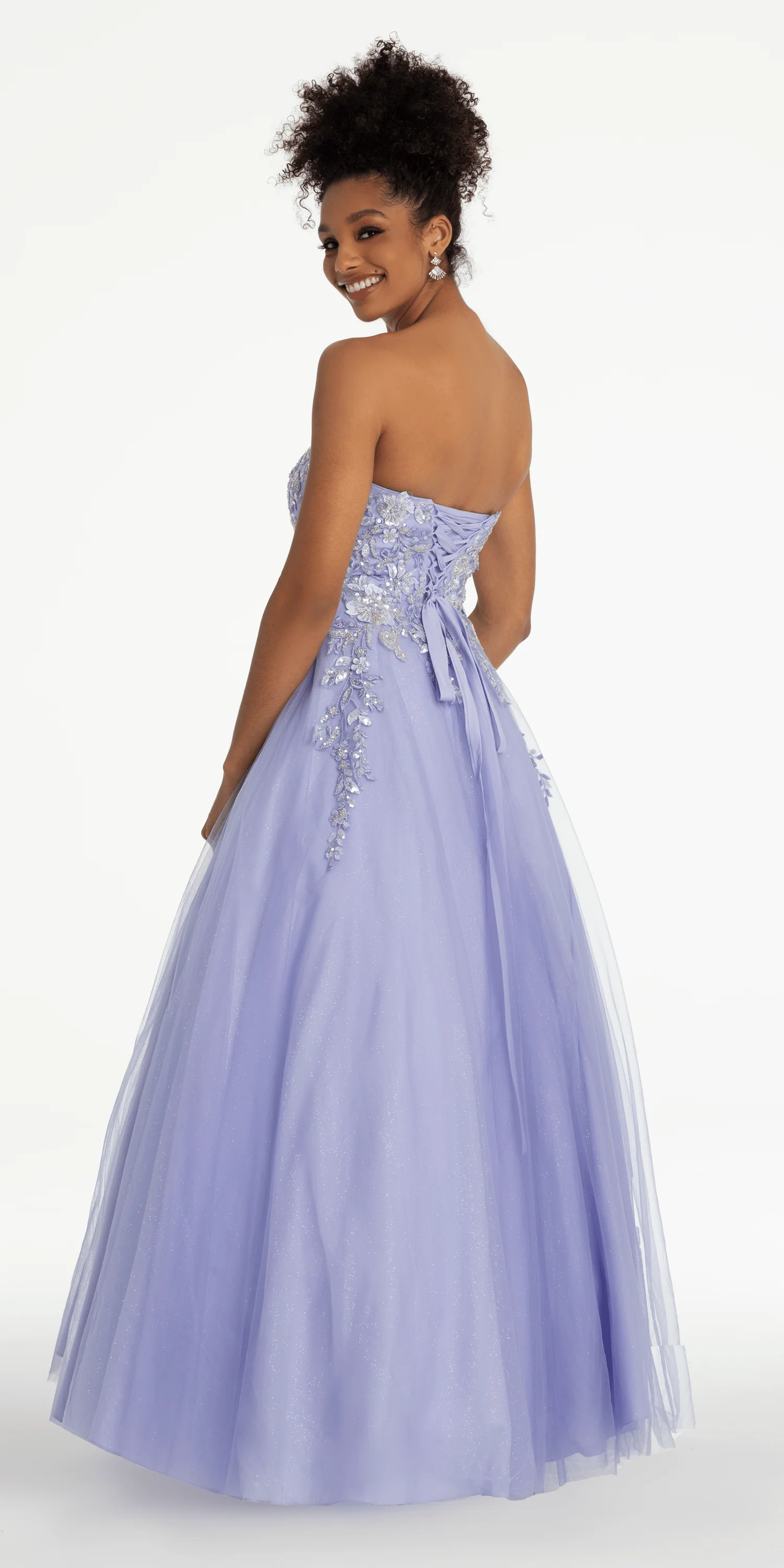 Strapless Sweetheart Glitter Mesh Ballgown with 3D Appliques - Image 4