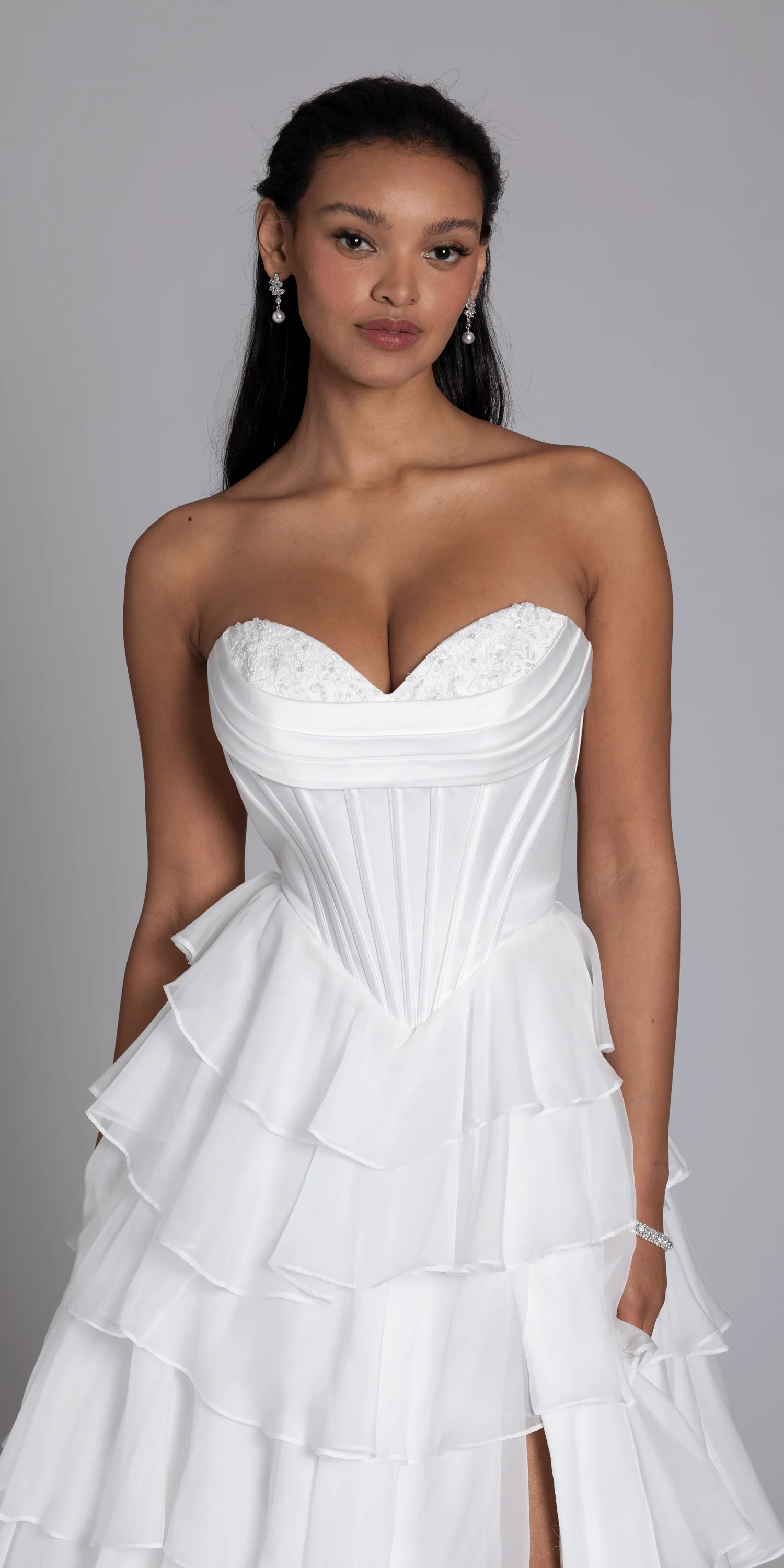 Strapless Tiered Chiffon and Satin Pleated Corset Ballgown - Image 3