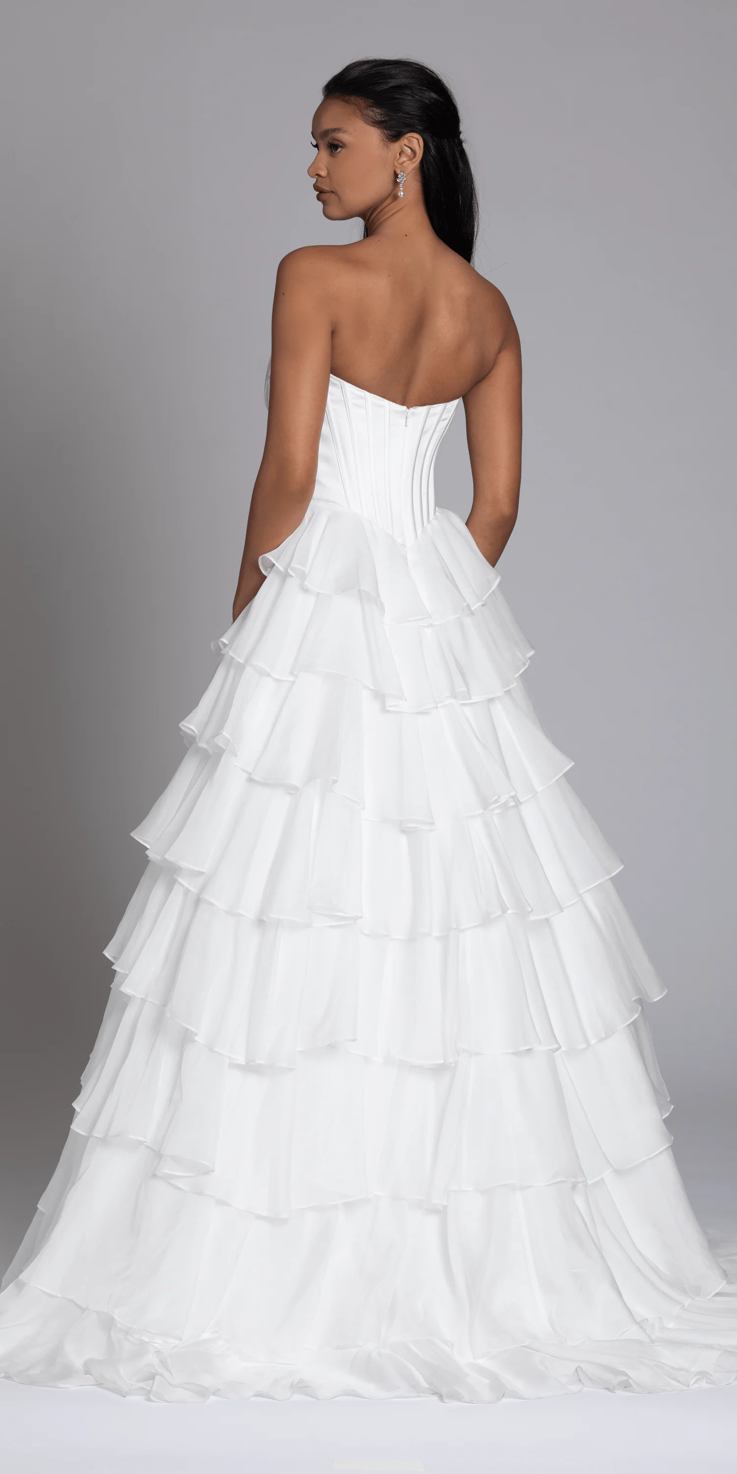 Strapless Tiered Chiffon and Satin Pleated Corset Ballgown - Image 5