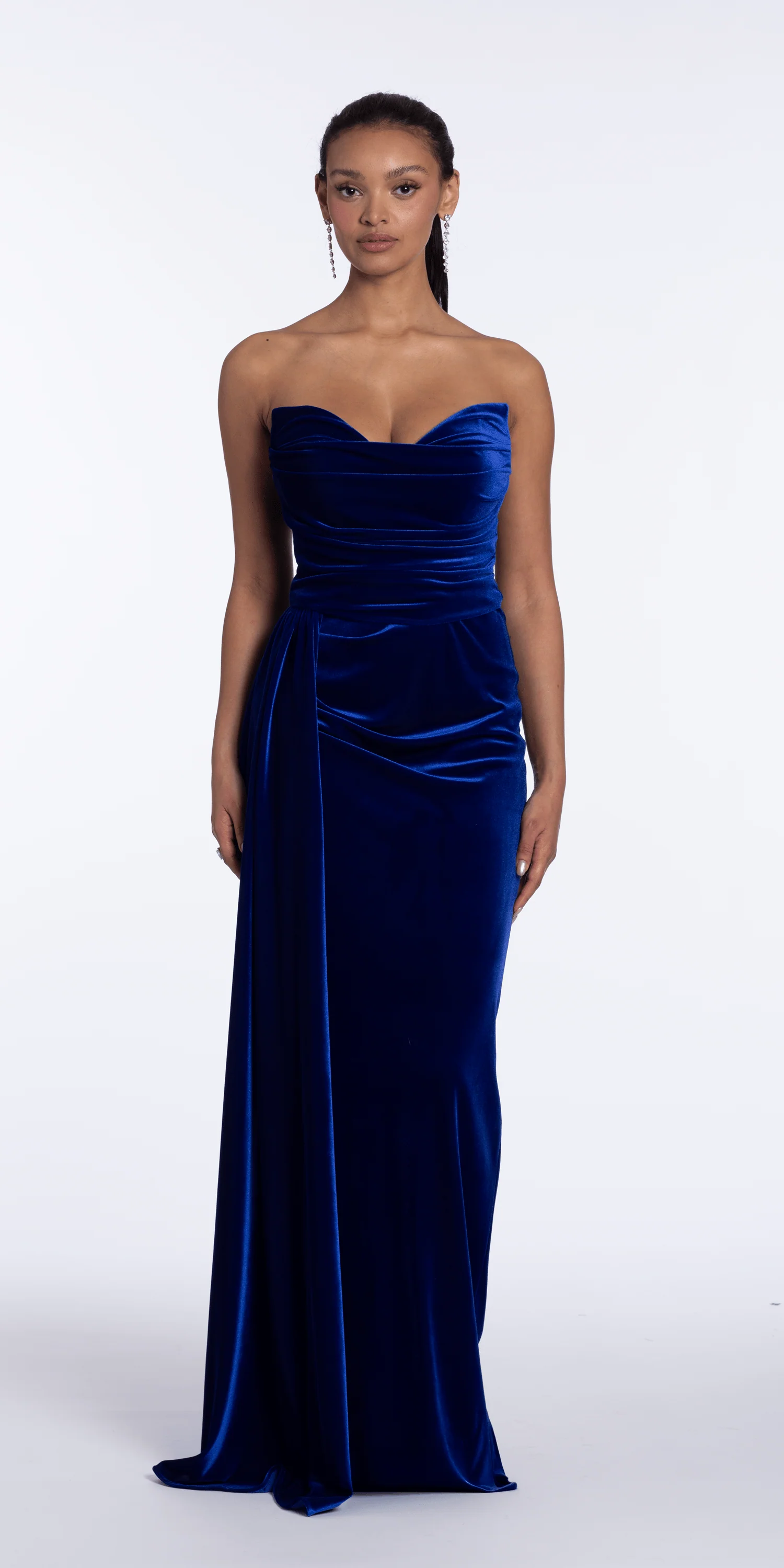 Strapless Velvet Column Dress with Ruching and Side Cascade - Image 4