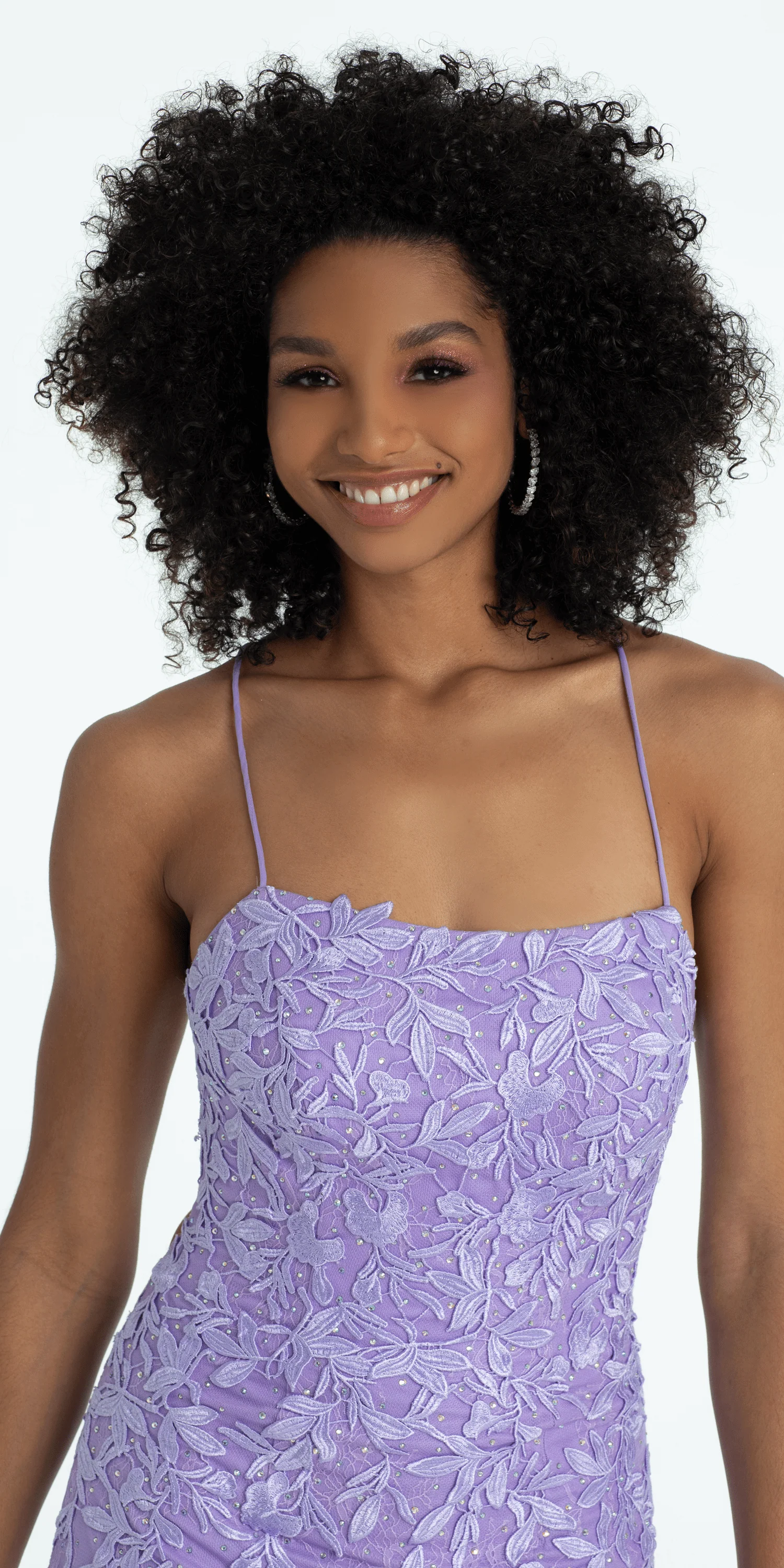 Strappy Back Embroidered Applique Mesh Dress with Godets - Image 2