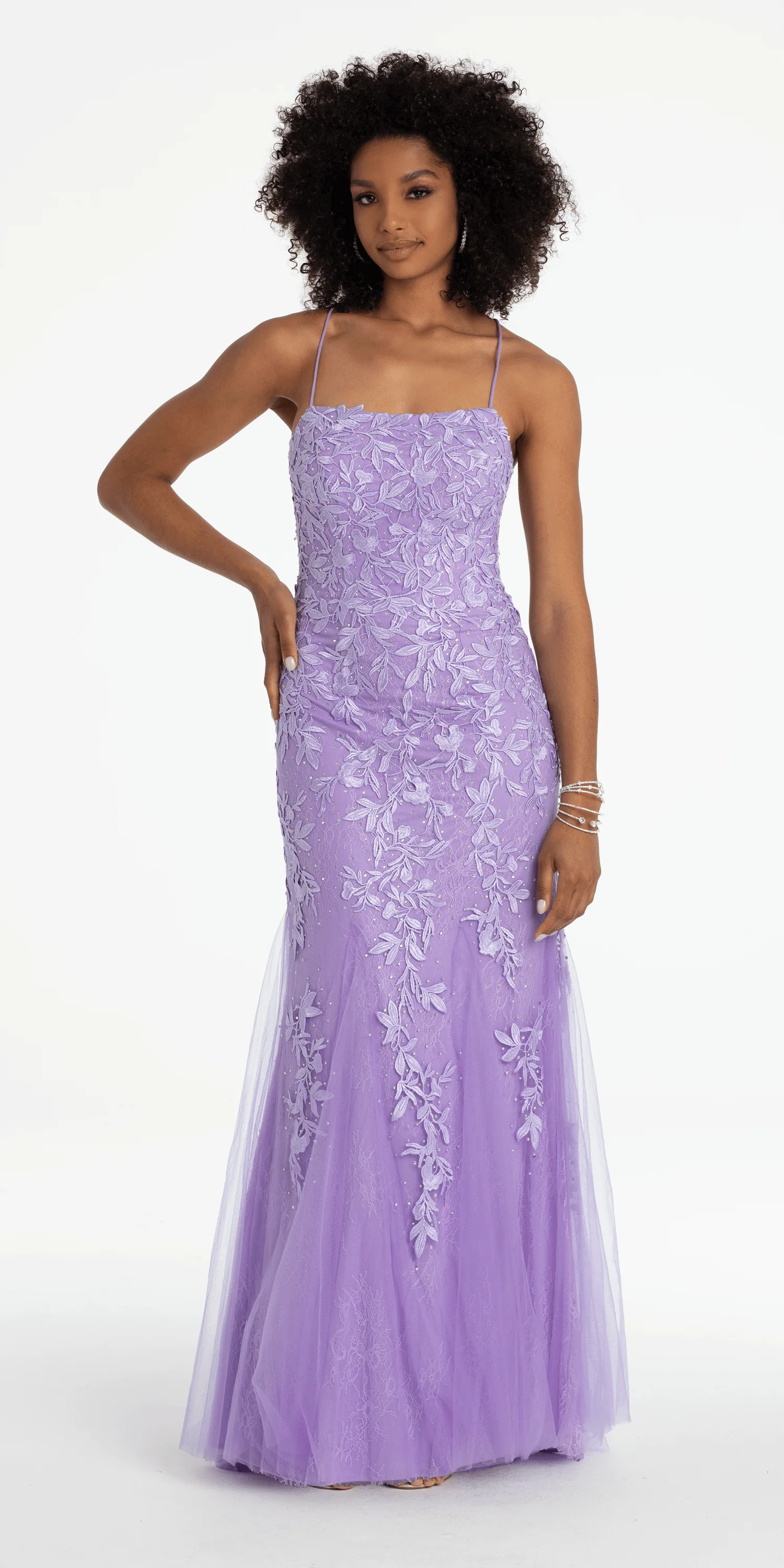Strappy Back Embroidered Applique Mesh Dress with Godets - Image 3