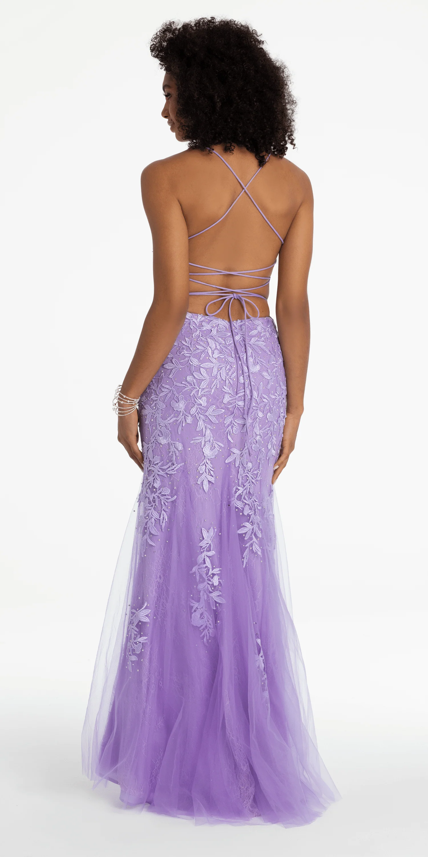Strappy Back Embroidered Applique Mesh Dress with Godets - Image 4