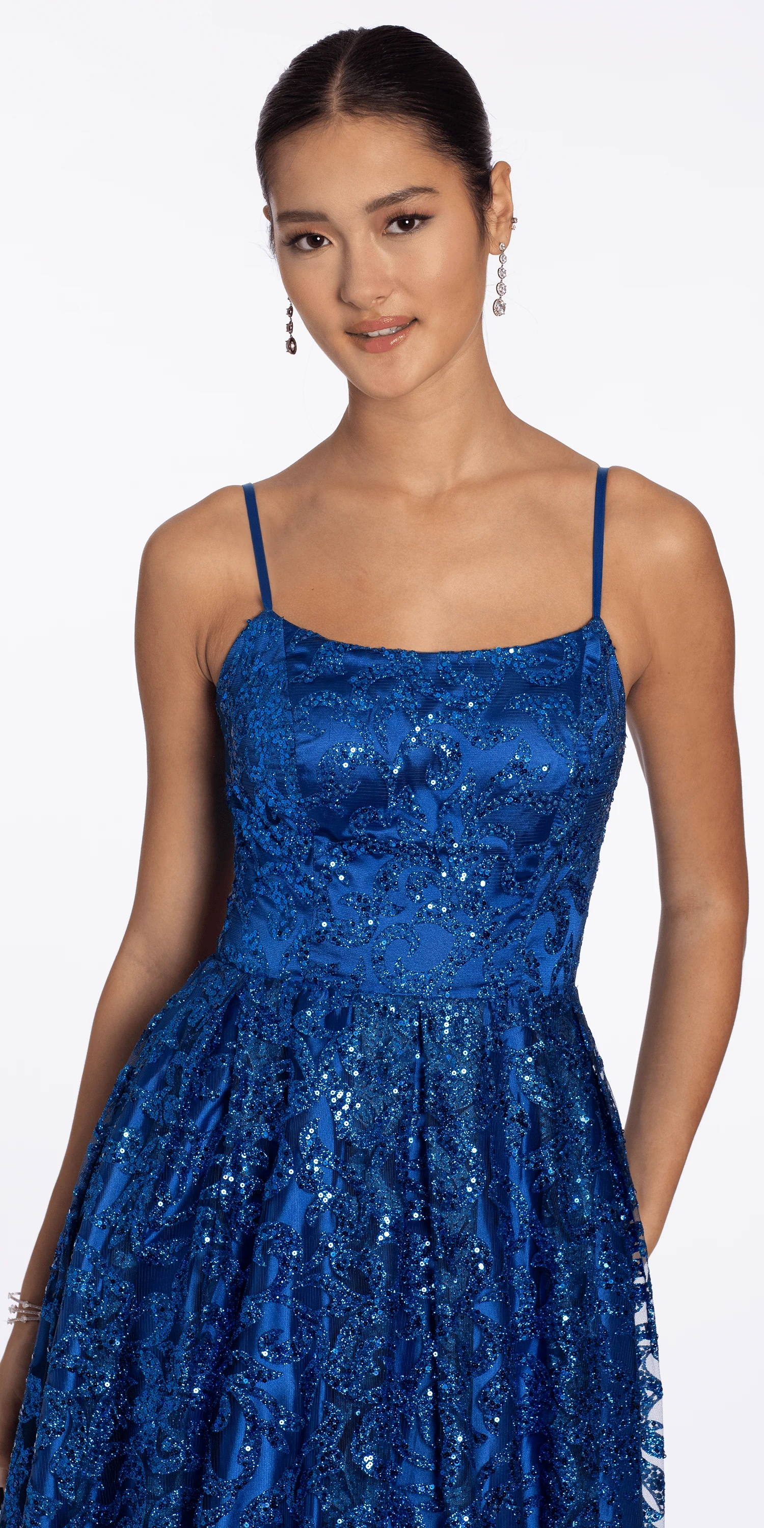 Strappy Back Glitter Mesh Ballgown with Pockets - Image 2