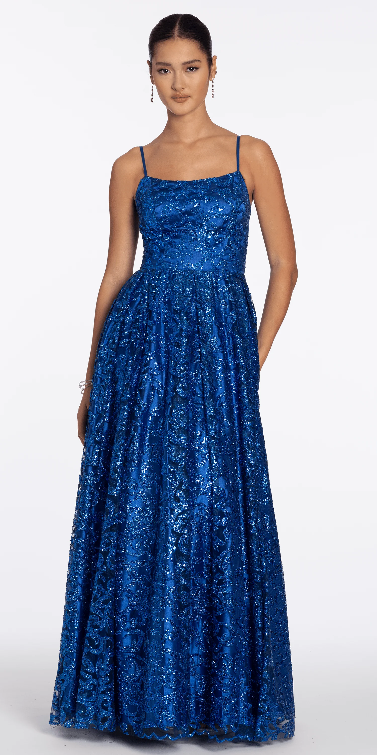 Strappy Back Glitter Mesh Ballgown with Pockets - Image 3