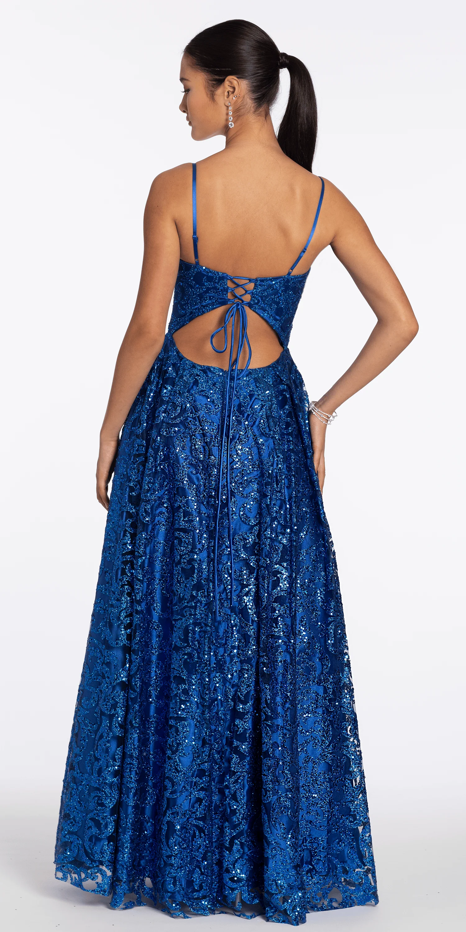 Strappy Back Glitter Mesh Ballgown with Pockets - Image 5