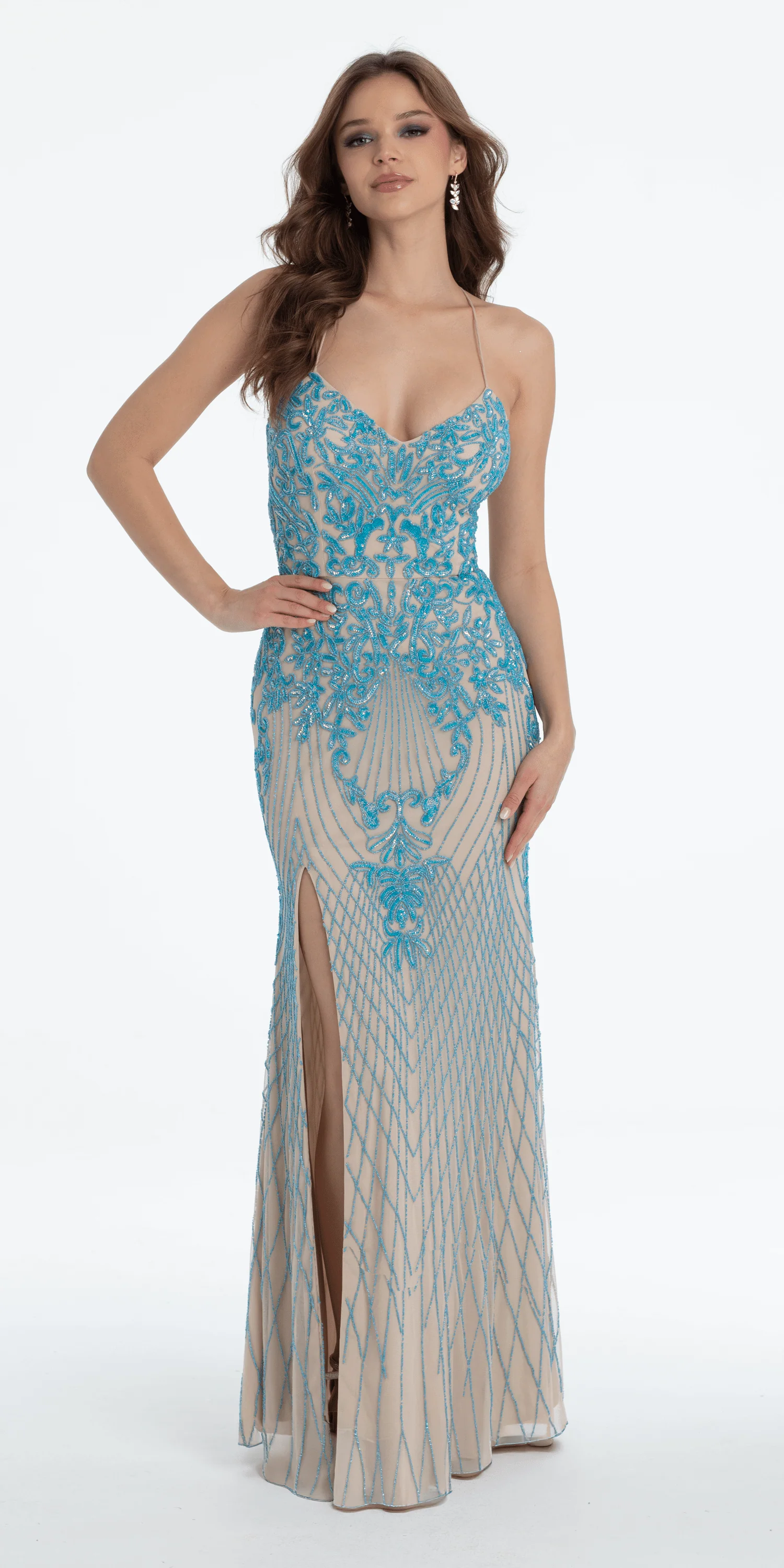 Strappy Back Mesh Beaded Sweetheart Column Dress - Image 3