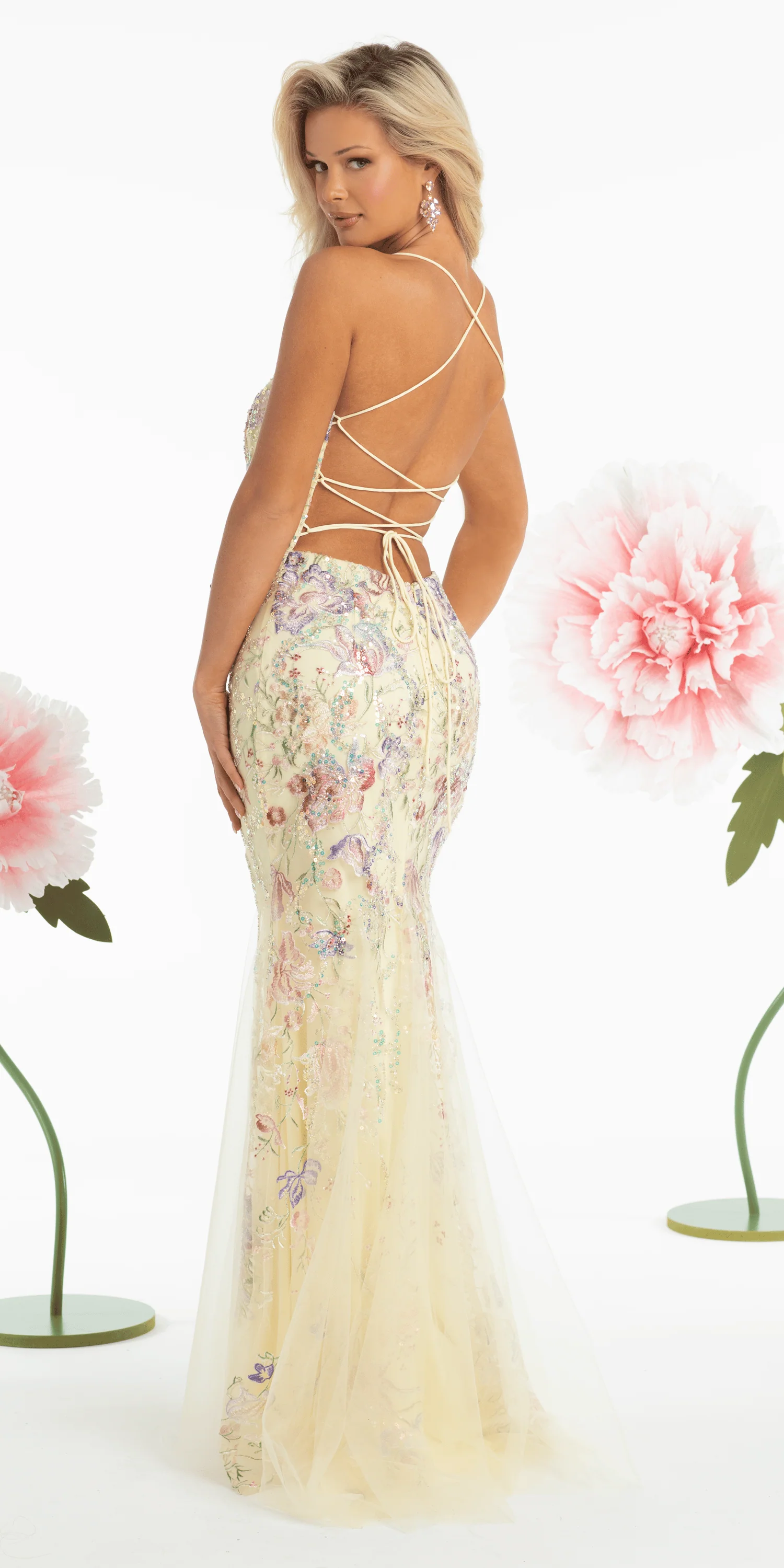 Strappy Back Mesh Floral Embroidered Column Dress - Image 3