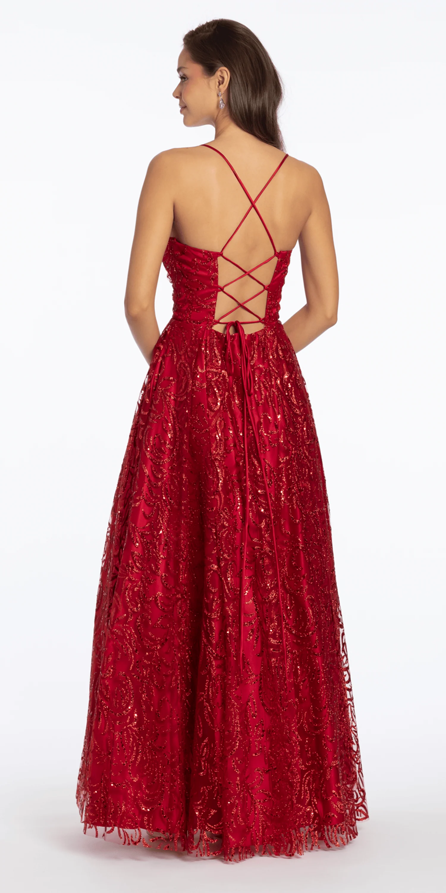 Strappy Back Pinched Sweetheart Glitter Mesh Ballgown with Pockets - Image 4