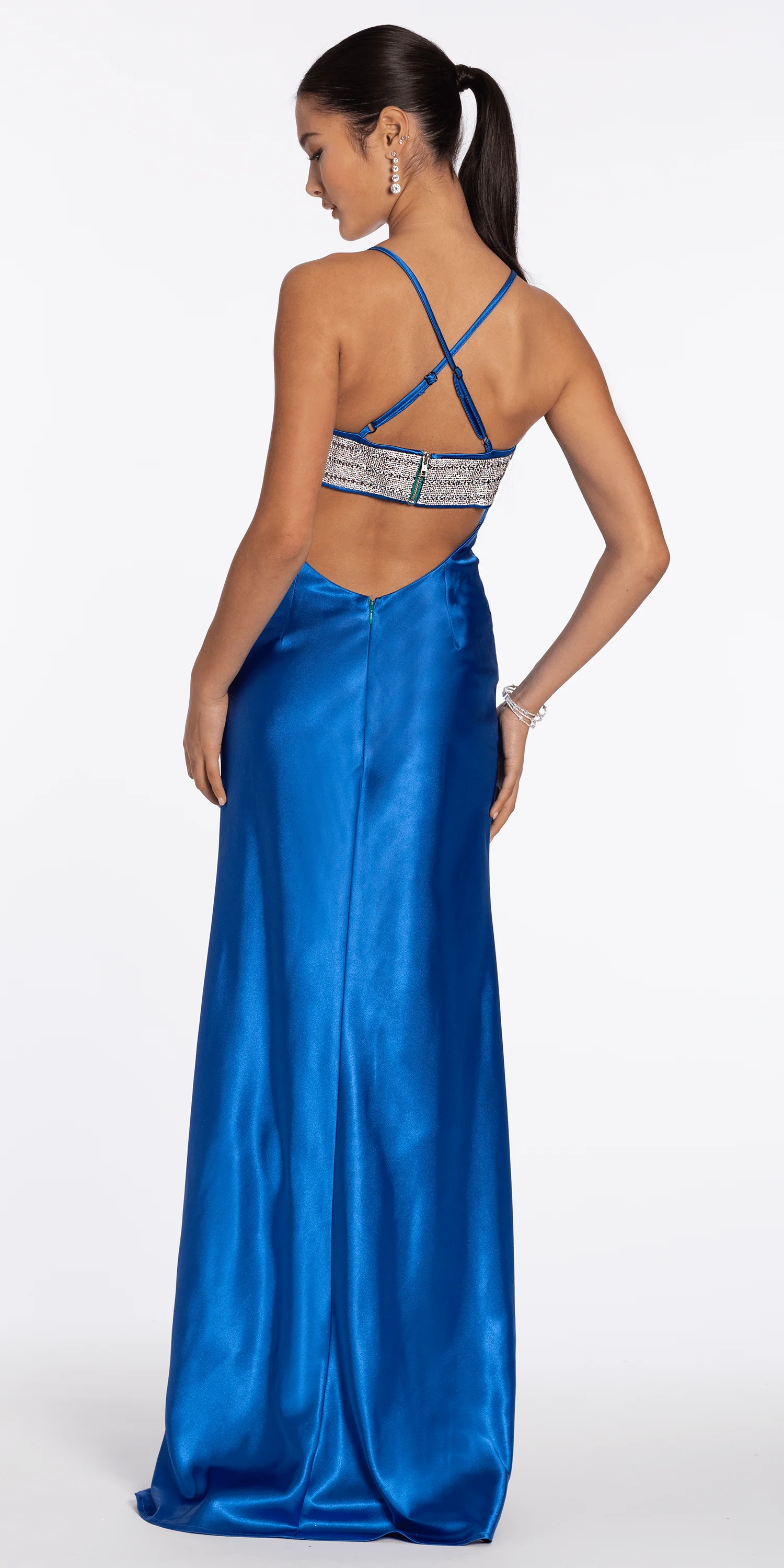 Strappy Back Satin Rhinestone Sweetheart Column Dress - Image 6