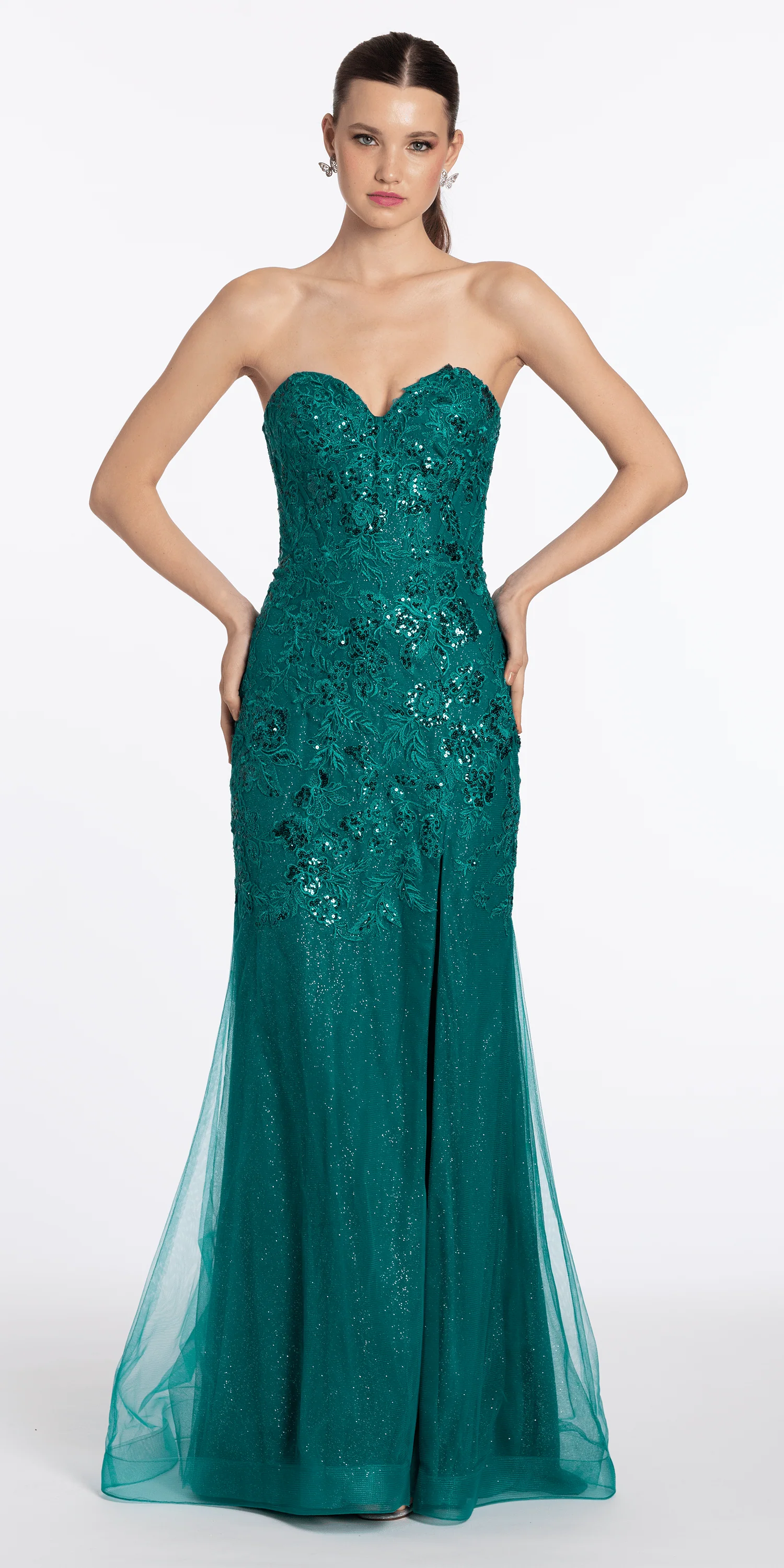 Strappy Back Strapless Embroidered Mesh Corset Column Dress - Image 3