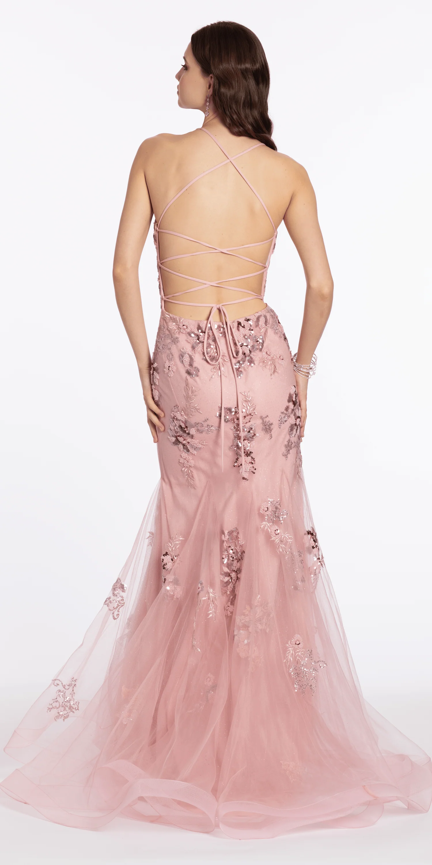 Strappy Back Sweetheart Floral Mesh Trumpet Dress with Godets - Image 3