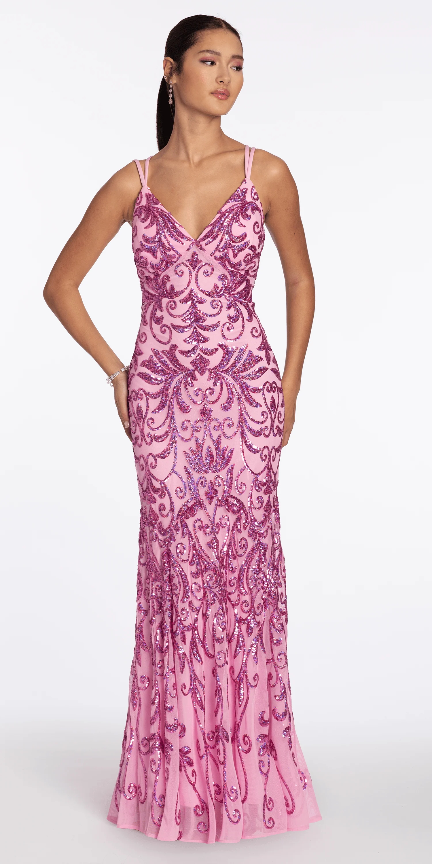 Strappy Back Swirl Sequin Illusion Column Dress - Image 2