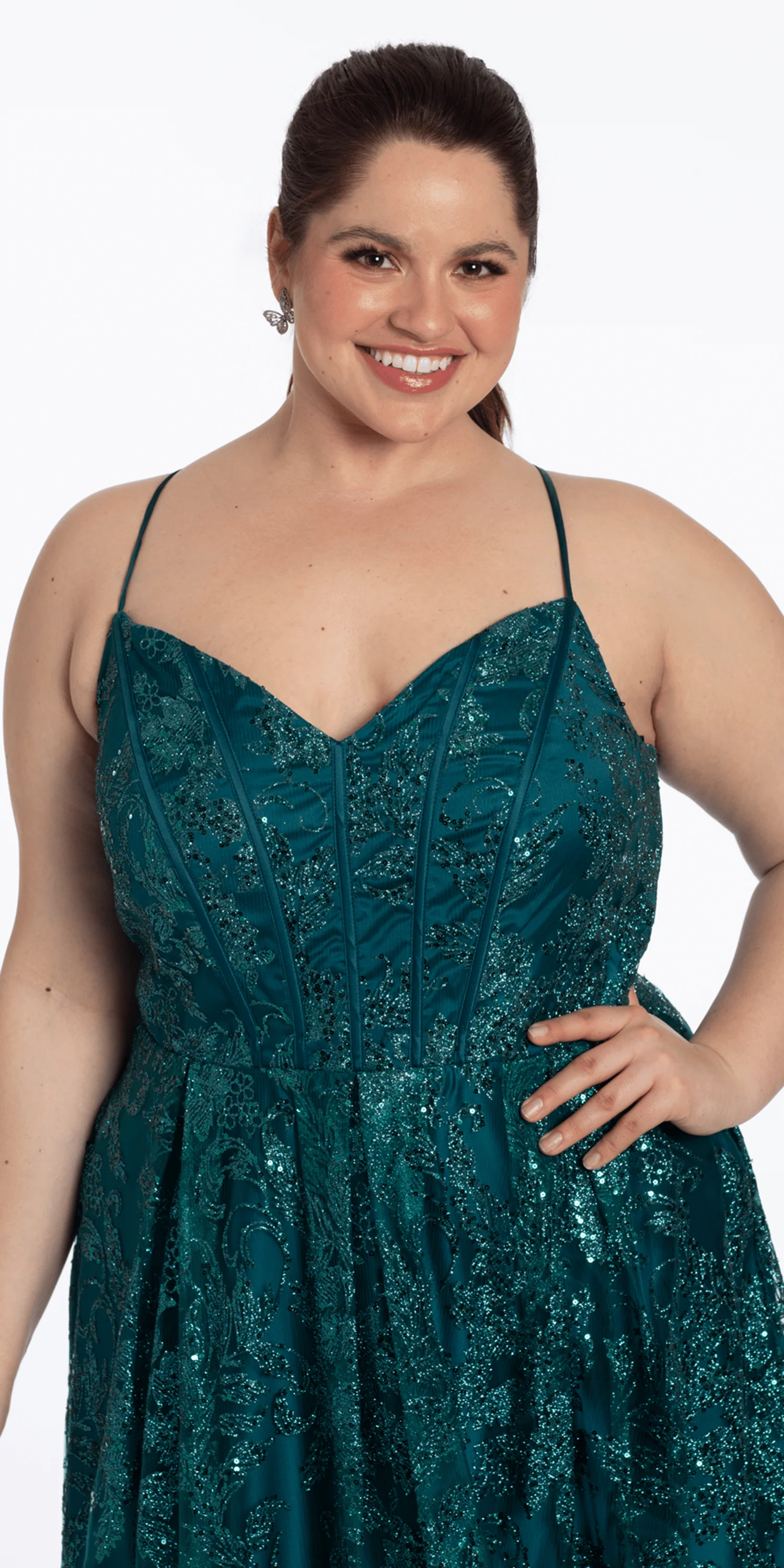 Strappy Back V Neck Glitter Mesh Ballgown with Pockets - Image 3